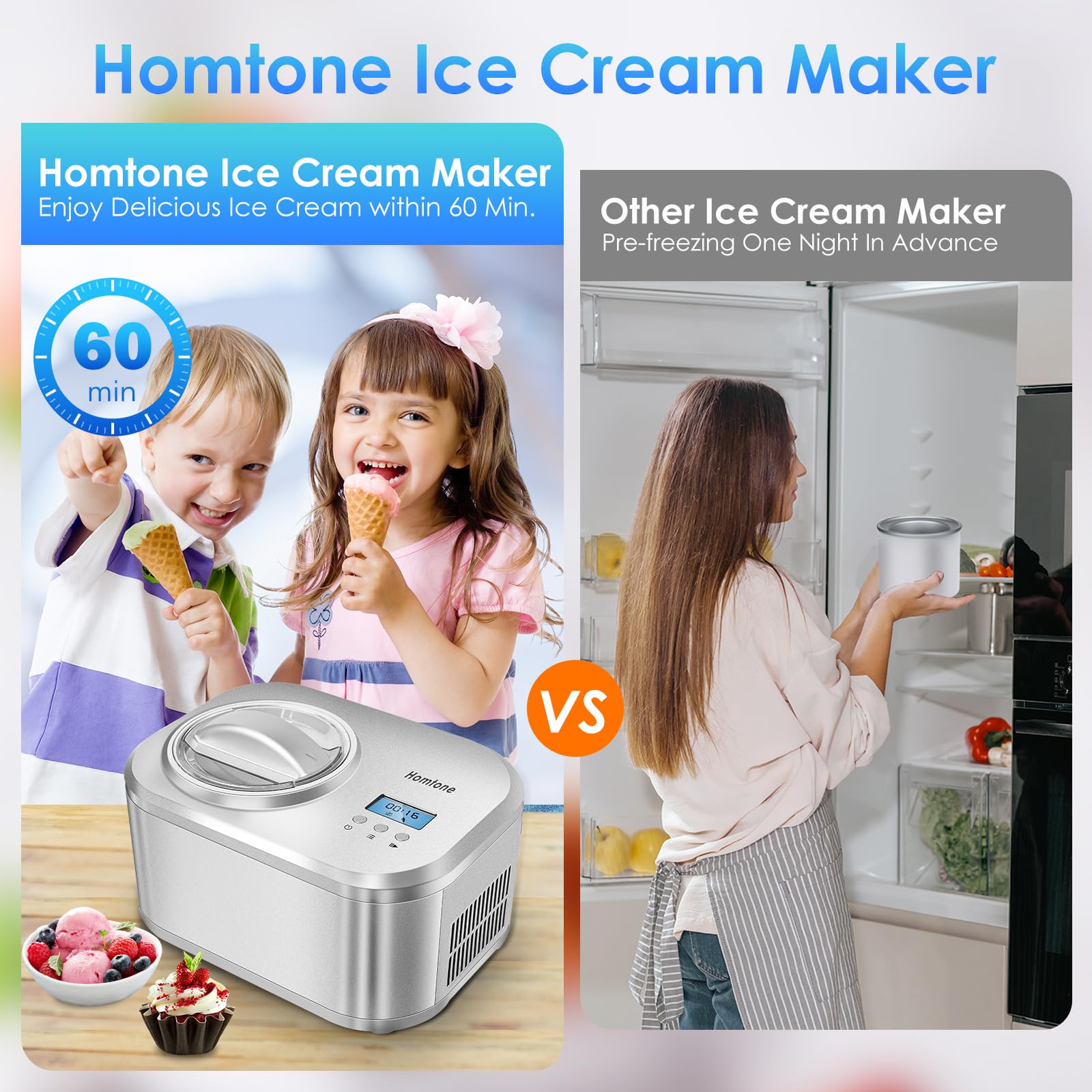 Homtone 1 Quart Automatic Ice Cream Maker with Built-in Compressor & LCD Timer - Make Ice Cream, Gelato, Frozen Yogurt in 30-60 Minutes | No Pre-Freezing Needed | Perfect for Home Kitchens, Parties & Dessert Shops