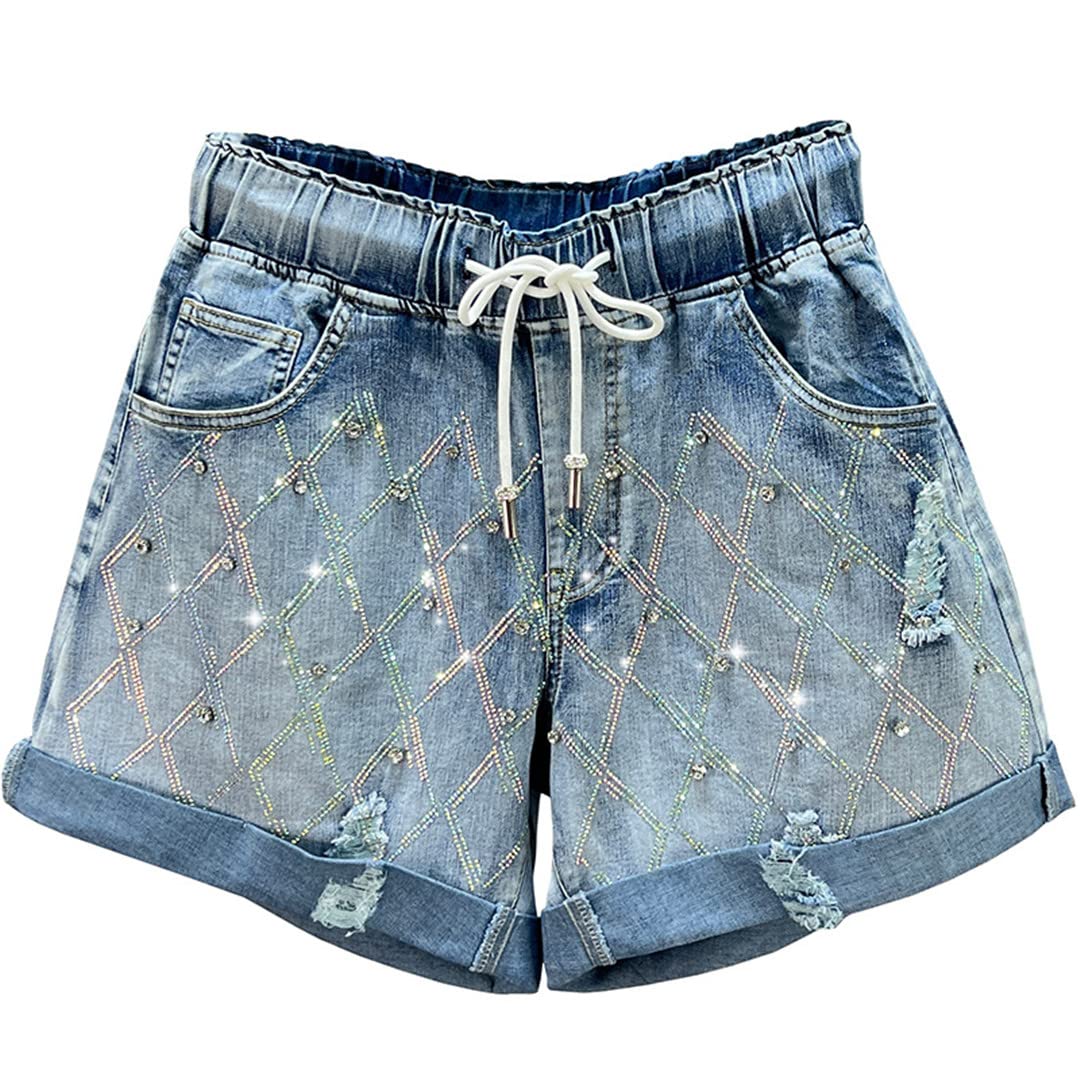 Women's High Waist Wide Leg Denim Shorts with Diamond Sequin Embellishment - Summer Fashion Staple for Casual Outings, Beach Vacations & Music Festivals
