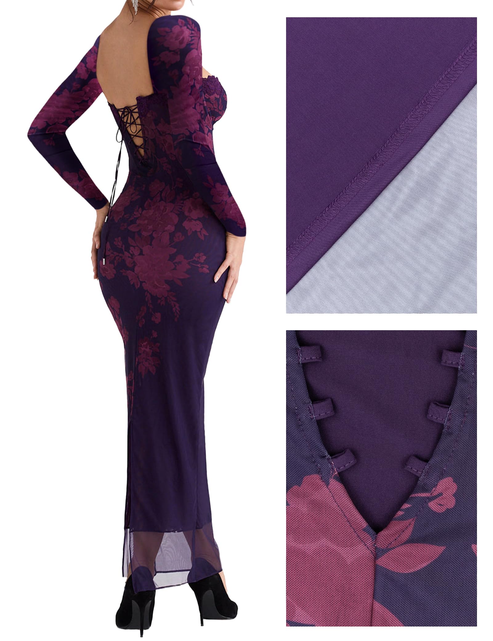 Sexy Backless Satin Maxi Dress for Women - Floral Print Long Sleeve Elegant Evening Gown - Slim Fit Formal Party Dress for Night Out, Date Night, Prom & Special Occasions