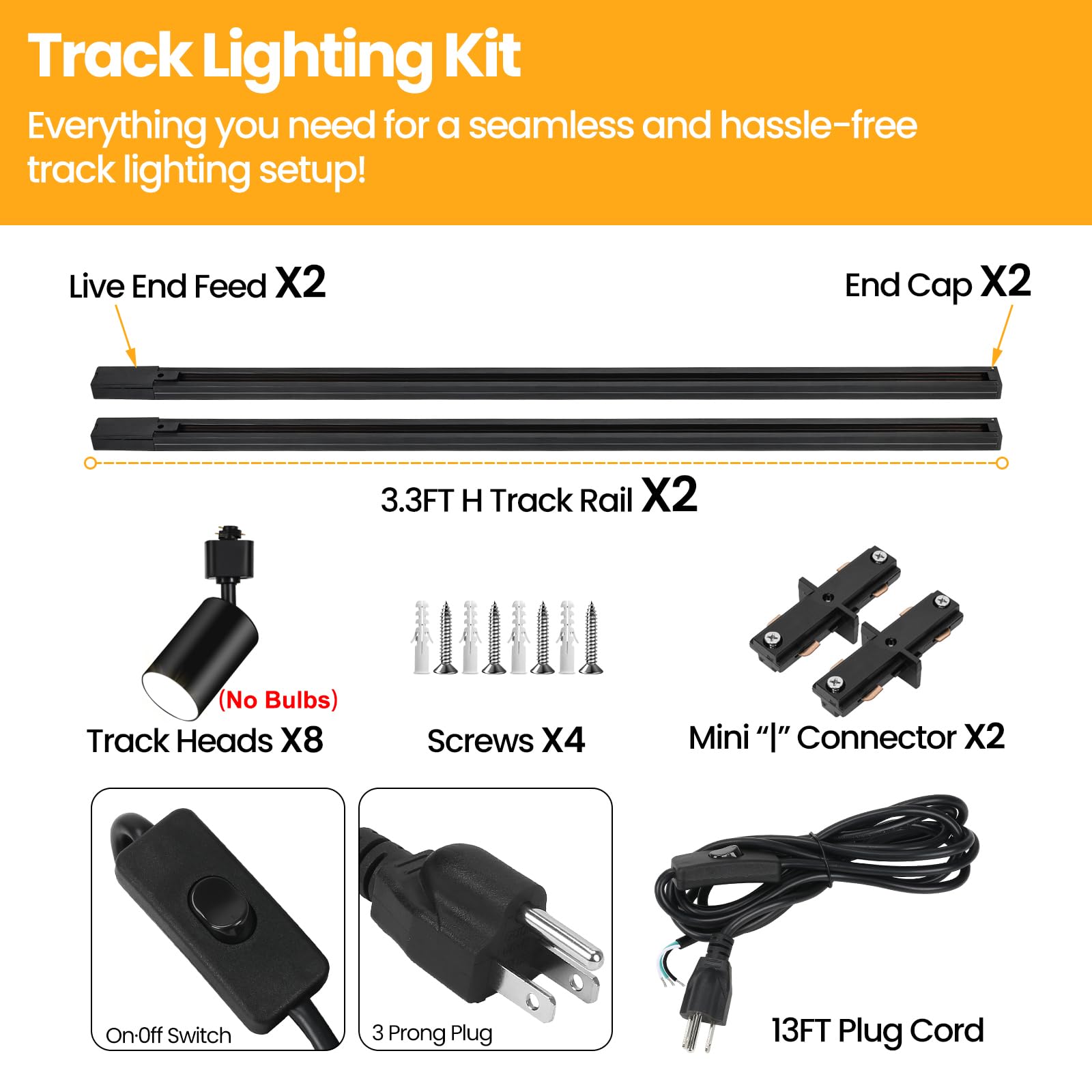 8-Light GU10 Plug-in Track Lighting Kit with 6.6FT H-Type Rails - Modern Black Ceiling Light Fixture for Kitchen, Dining Room & Living Room (Bulbs Not Included)