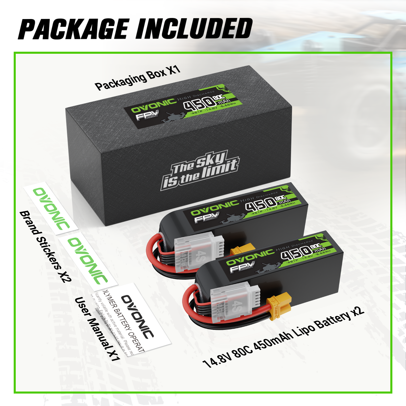 2 Pack OVONIC 14.8V 80C 450mAh 4S Lipo Battery with XT30 Connector - Long Size for 90-150mm FPV Drones, Quadcopters, Cinewhoop & Toothpick Drones - Perfect for Racing, Freestyle Flying and Aerial Photography