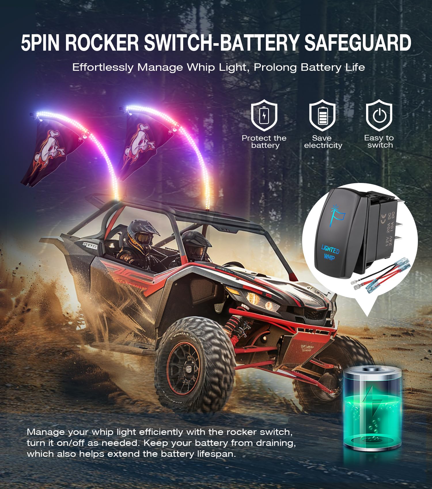 2 Pack 4FT LED Whip Lights with Spring Base & Rocker Switch - APP & Remote Control, 366 RGB Spiral Chasing Modes, Includes 6 Nylon Flags - for UTV ATV RZR SXS Can-Am Off-Road Vehicles (Perfect for Night Rides, Off-Road Adventures & Vehicle Customization)