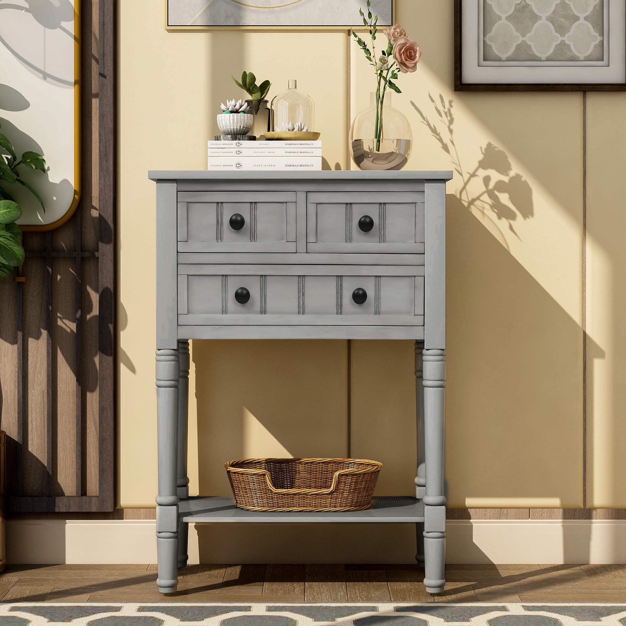 Narrow Console Table Sofa Table with 4 Storage Drawers & Bottom Shelf | Solid Wood Entryway Table | Side Table Sideboard for Living Room, Hallway & Entryway | Easy Assembly (Gray) | Perfect for Small Spaces & Home Organization