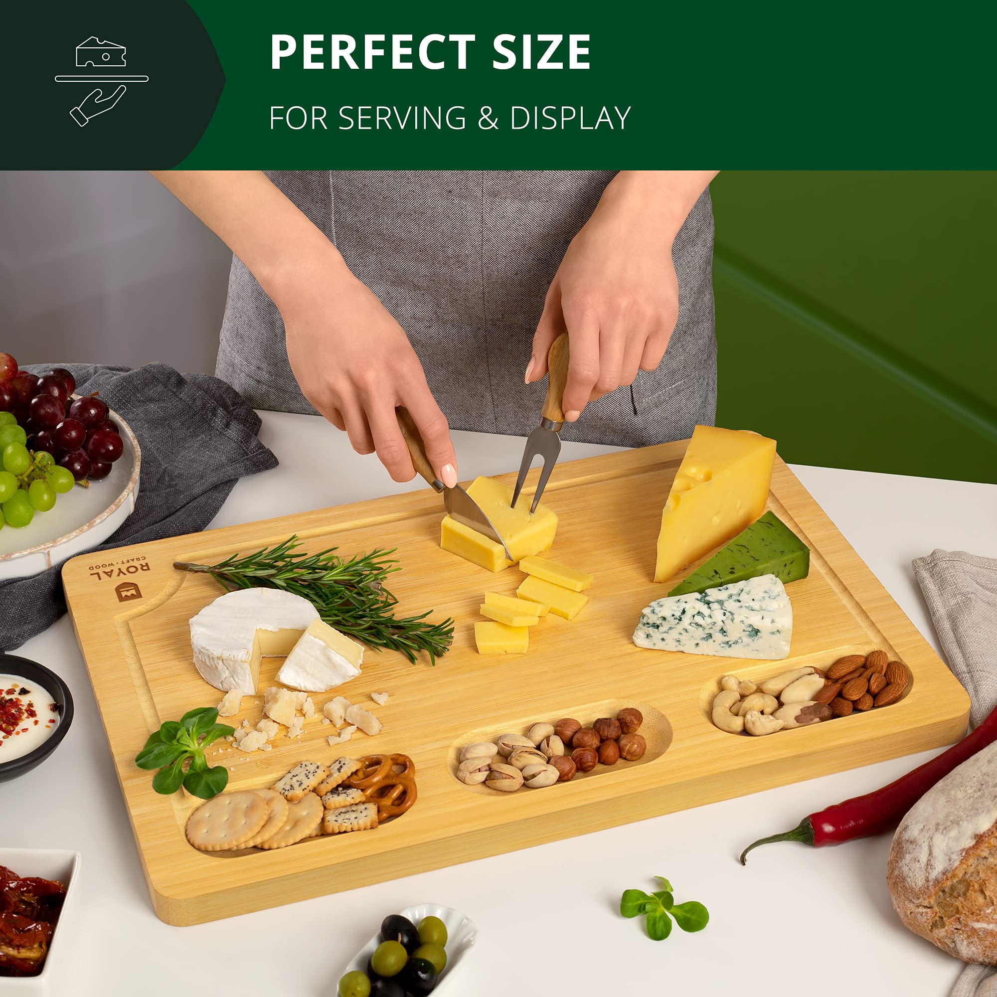 Premium Extra Large Wooden Charcuterie Board Set - Natural Bamboo Cheese & Meat Serving Tray with Handles - Perfect for Entertaining, Housewarming Gifts, Dinner Parties, Wine & Cheese Nights - Appetizer Platter for Charcuterie, Cheese, Fruits & Crackers