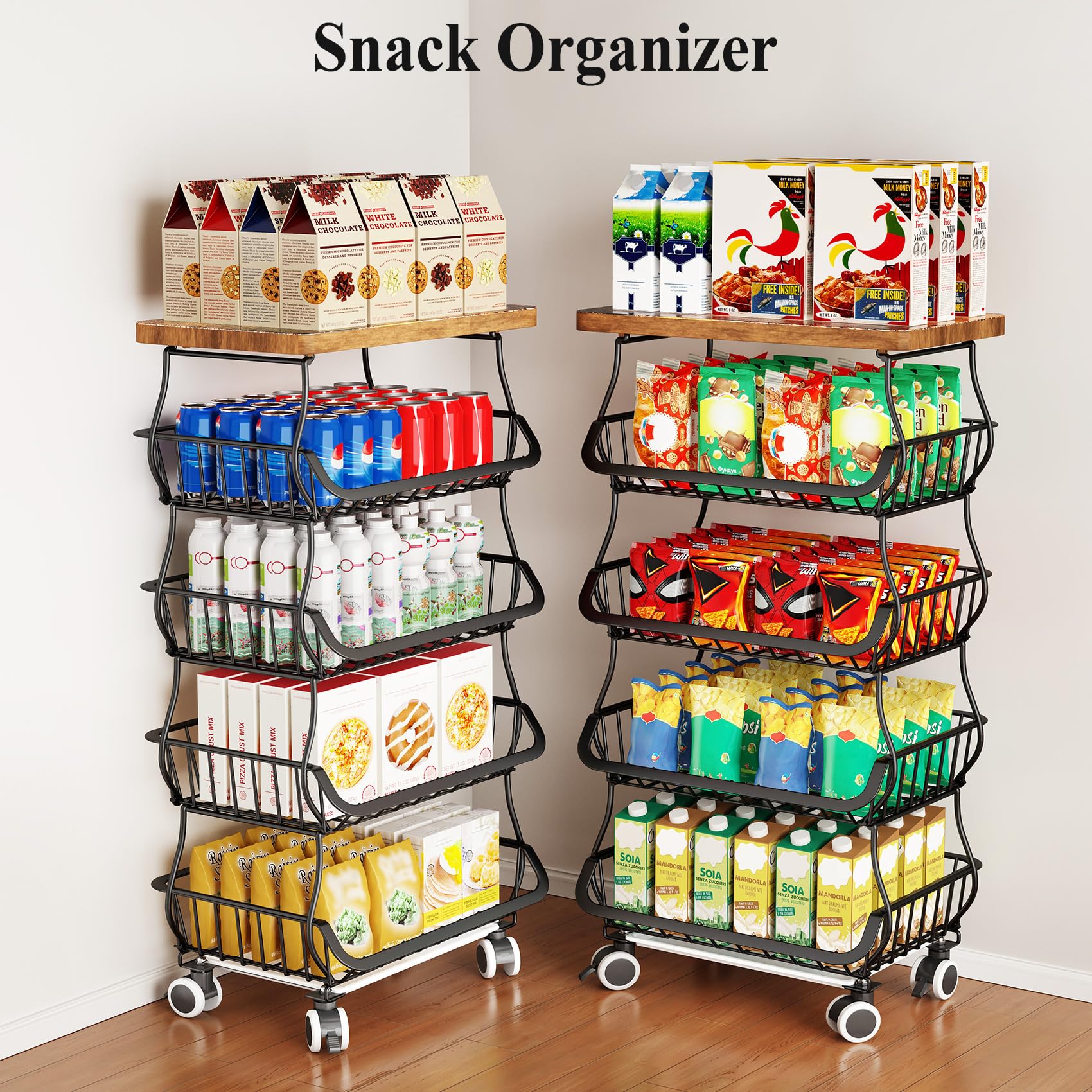 Wooden Top Metal Wire Basket Stand - Stackable Kitchen Pantry Organizer for Fruits, Vegetables, Snacks, Jars & Containers | Black Storage Cart for Home, Office or Restaurant Use