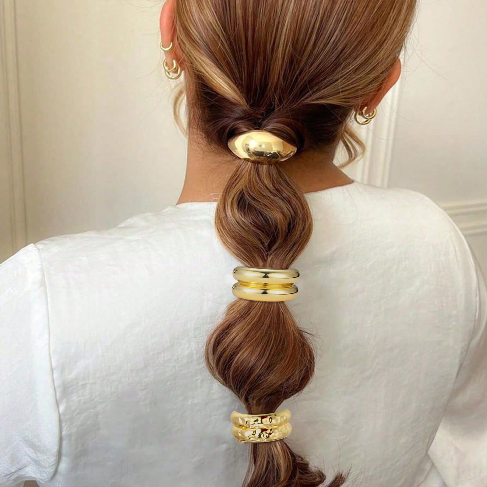 Gold & Silver Metal Hair Ties for Women - Geometric Elastic Hair Cuff Wraps for Thick Hair - Durable Hair Accessories for Workouts, Office & Everyday Styling
