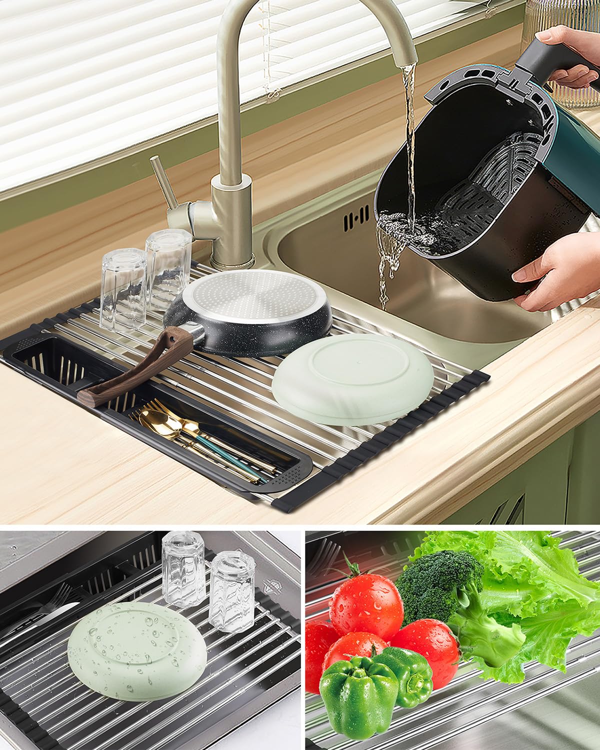 Expandable Stainless Steel Roll Up Dish Drying Rack - Over The Sink Dish Drainer with Utensil Holder (22.3 Inch, Black) | Space Saving Kitchen Organizer for Small Spaces & Apartment Living