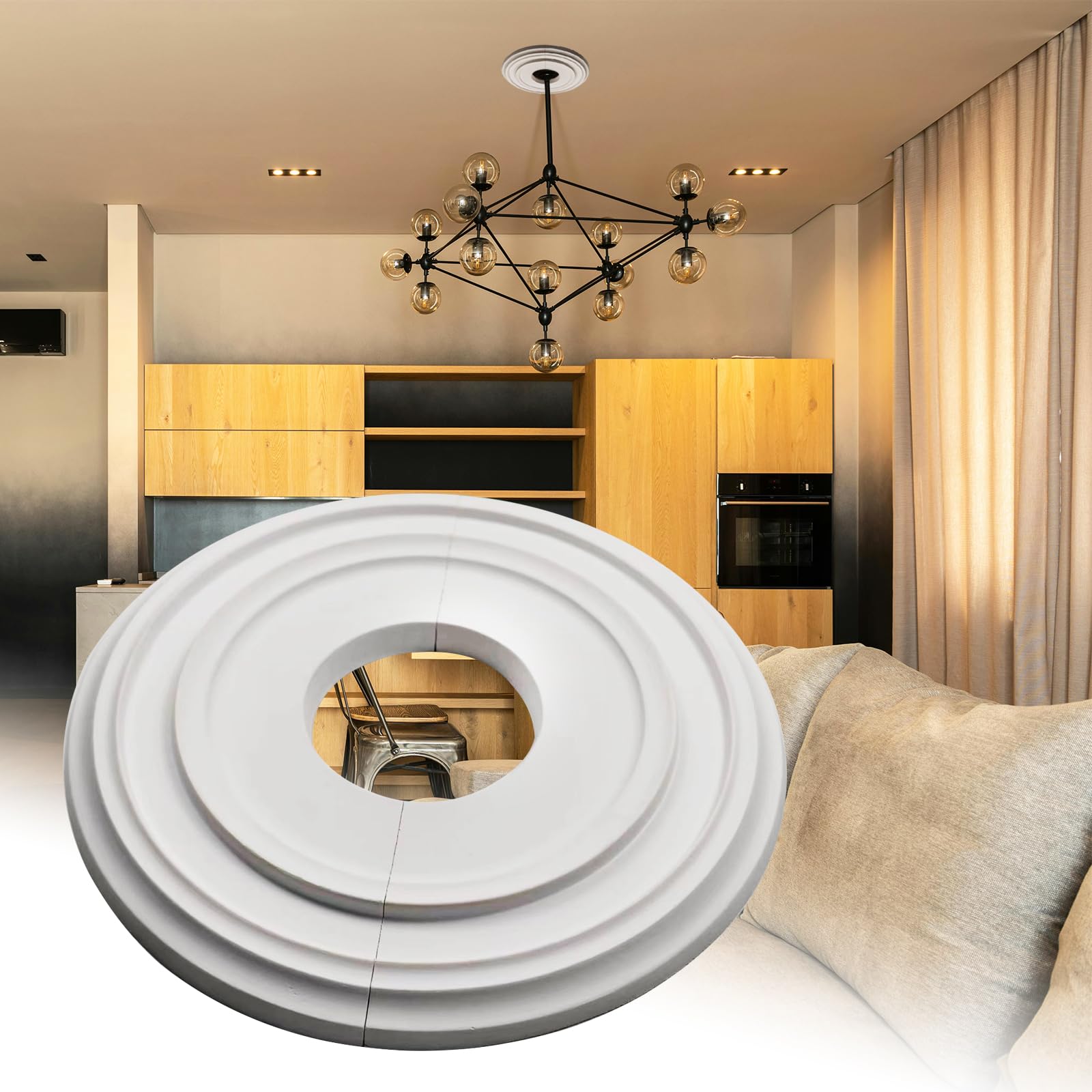 Split Molded PU Ceiling Medallion - 12 Inch Round Smooth Finish Light Fixture Backdrop for Ceiling Fans & Chandeliers - White (12