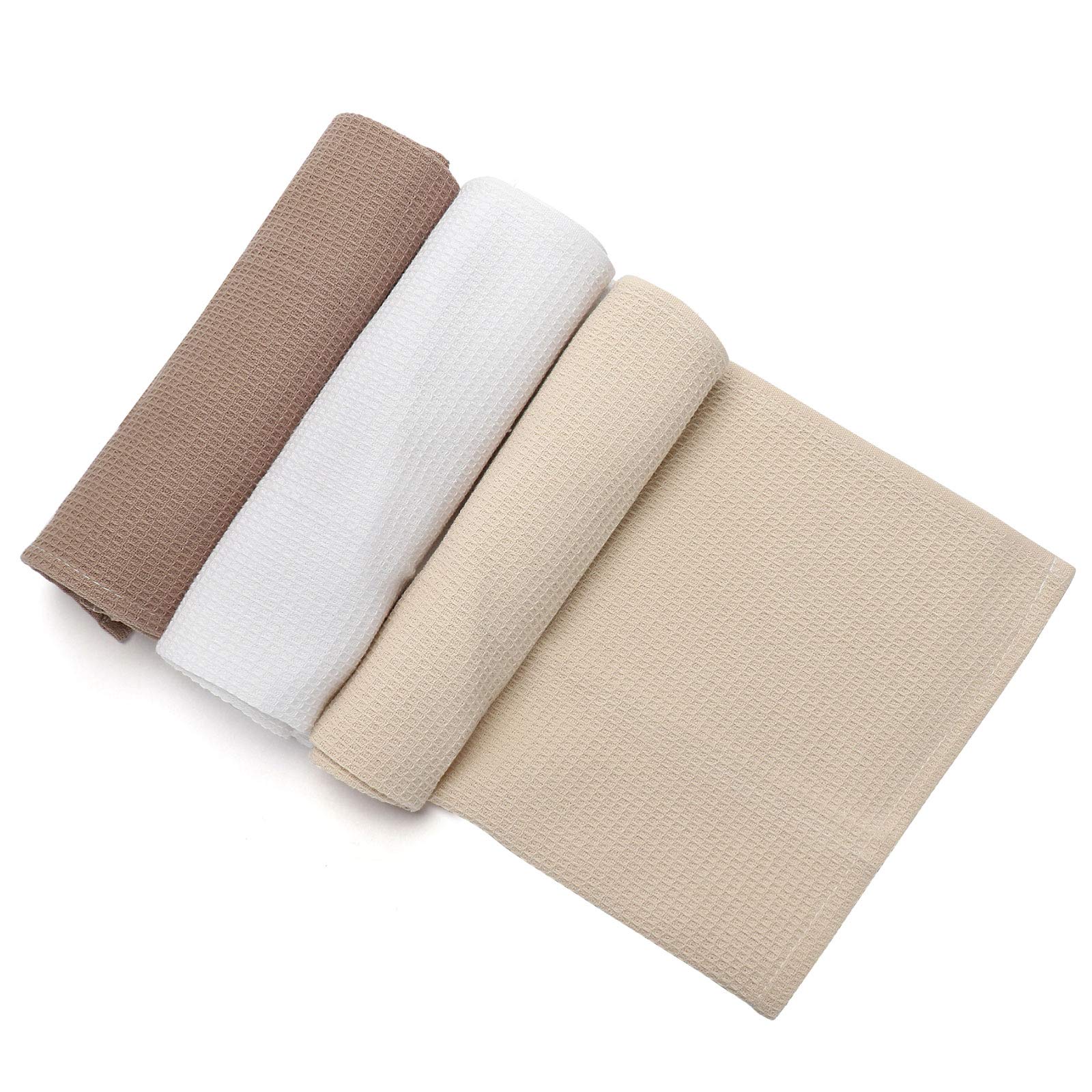Premium Cotton Waffle Weave Dish Towels Set of 3 - Ultra Soft & Absorbent Kitchen Hand Towels, Large Size (Beige) - Perfect for Washing Dishes, Drying Hands & Kitchen Cleaning
