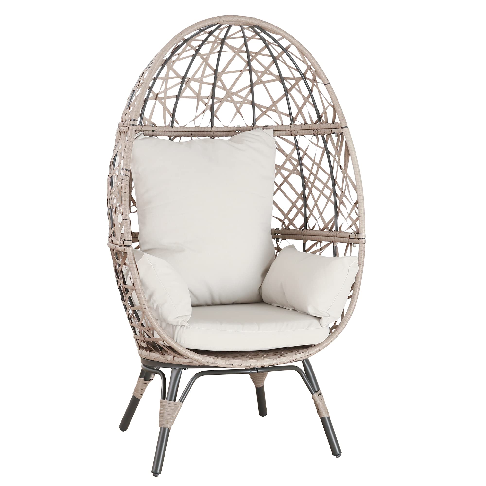 Outdoor/Indoor Wicker Egg Chair with 4 Cushions & Steel Frame - Patio Lounge Chair for Garden, Balcony, Porch - Beige Hanging Swing Chair for Relaxation & Decoration