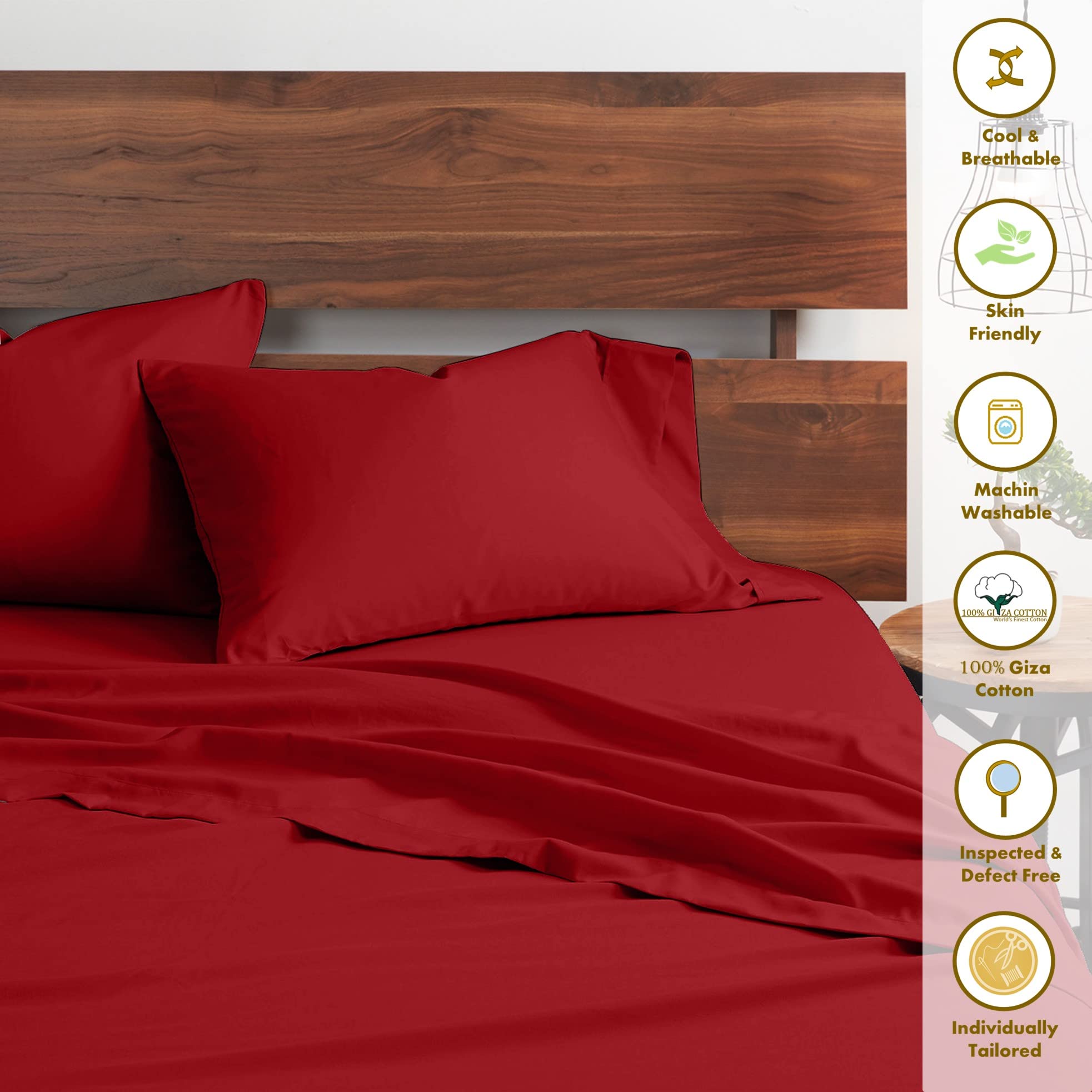 Premium 100% Certified Giza Cotton Pillowcase & Sheet Set - RV Short Queen Size, Soft Sateen Weave, Breathable Egyptian Cotton Fabric, Fits Up to 18-Inch Deep Pockets (Burgundy) - Perfect for RVs, Campers, and Small Bedrooms
