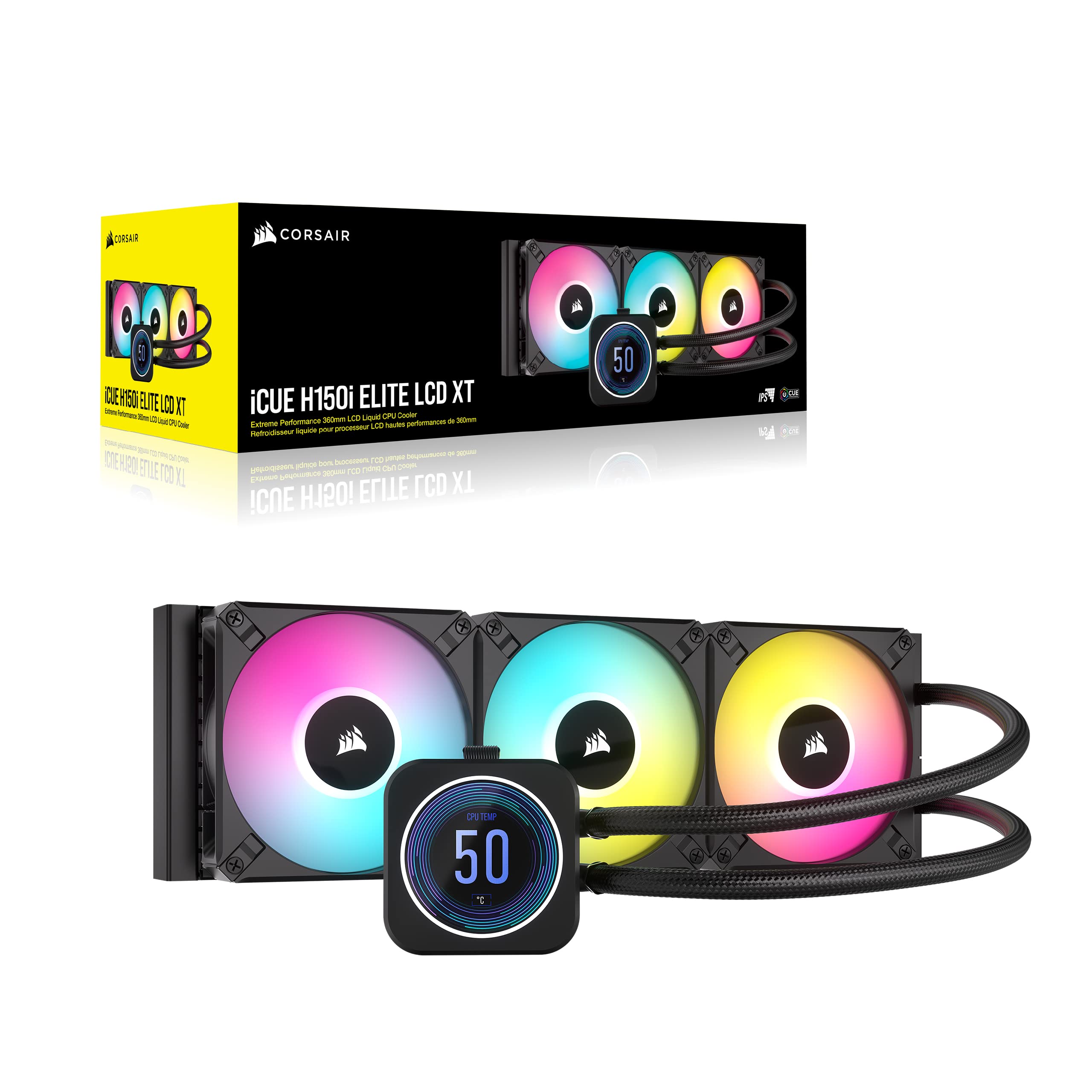 Corsair iCUE H150i Elite LCD XT Liquid CPU Cooler with IPS LCD Screen - 360mm Radiator & 3 AF120 RGB Elite Fans - Compatible with Intel LGA 1700 & AMD AM5 Sockets - Includes iCUE Commander CORE - Black - Perfect for Gaming PCs, Workstations, and High-Performance Builds