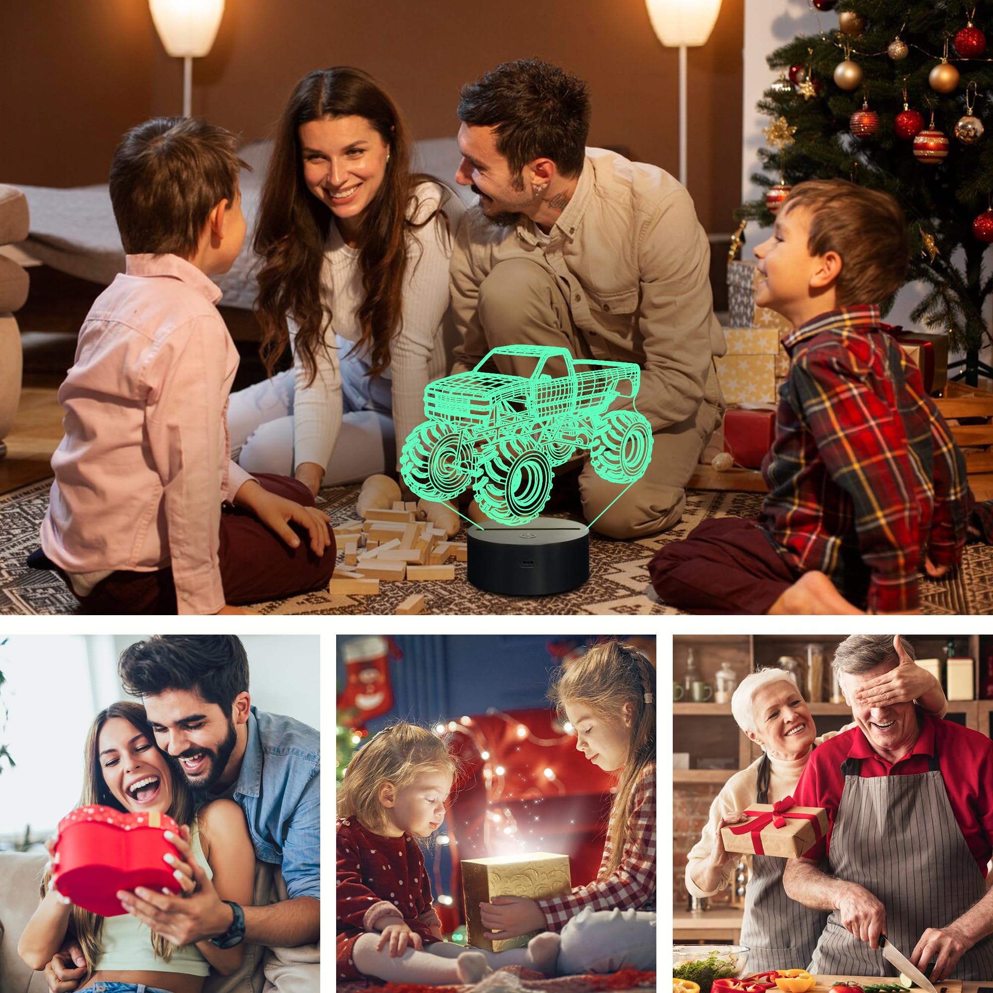 3D LED Monster Trucks Night Light with Remote Control & Timer - Cool Optical Illusion Lamp for Boys, Kids & Teens | Perfect Christmas & Birthday Gift | Bedroom Decor, Kids Room Lighting, Nighttime Comfort