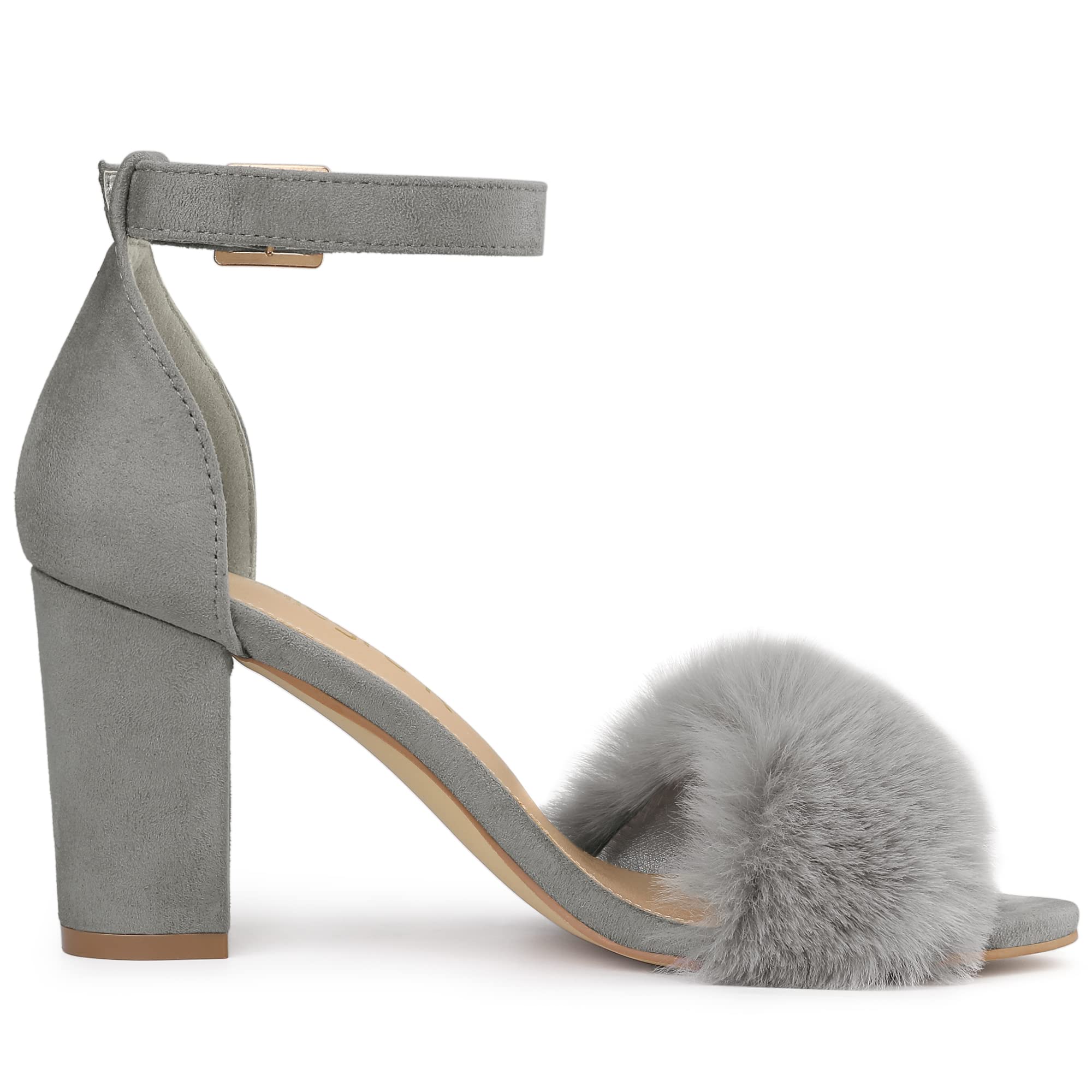 Allegra K Women's Faux Fur Ankle Strap Block Heel Sandals - Comfortable Dress Shoes for Parties, Weddings & Evening Events