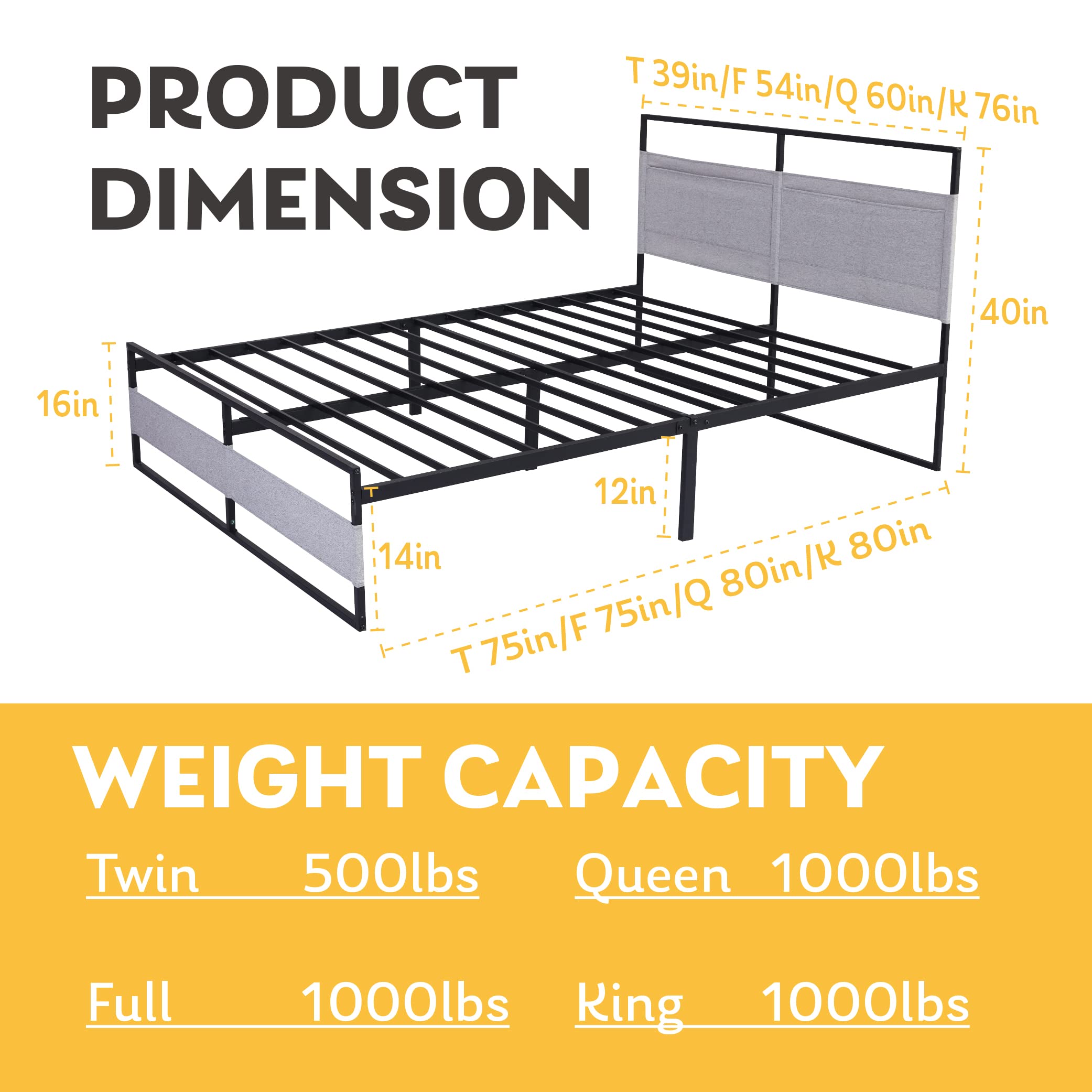 MLILY King Size Metal Platform Bed Frame with 14 Inch Height - Under Bed Storage & Headboard Pockets, Heavy Duty Steel Slats, No Box Spring Required, Easy Assembly, Grey (BED-V1-K) - Perfect for Master Bedrooms, Guest Rooms & Small Space Living