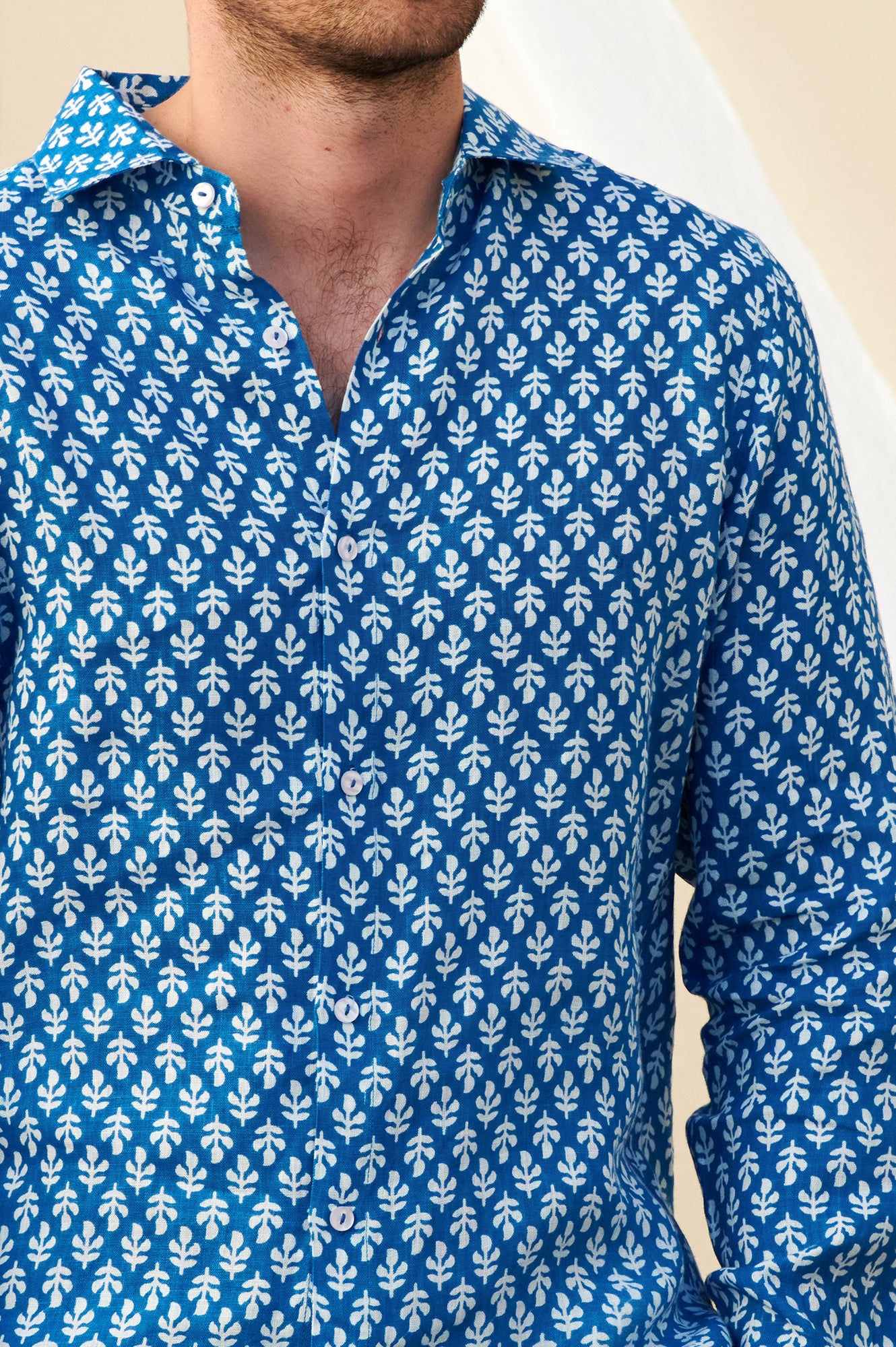 Men's Printed Linen Shirt - Trident Marina Blue/White | Casual Summer Wear for Beach & Outdoor Activities