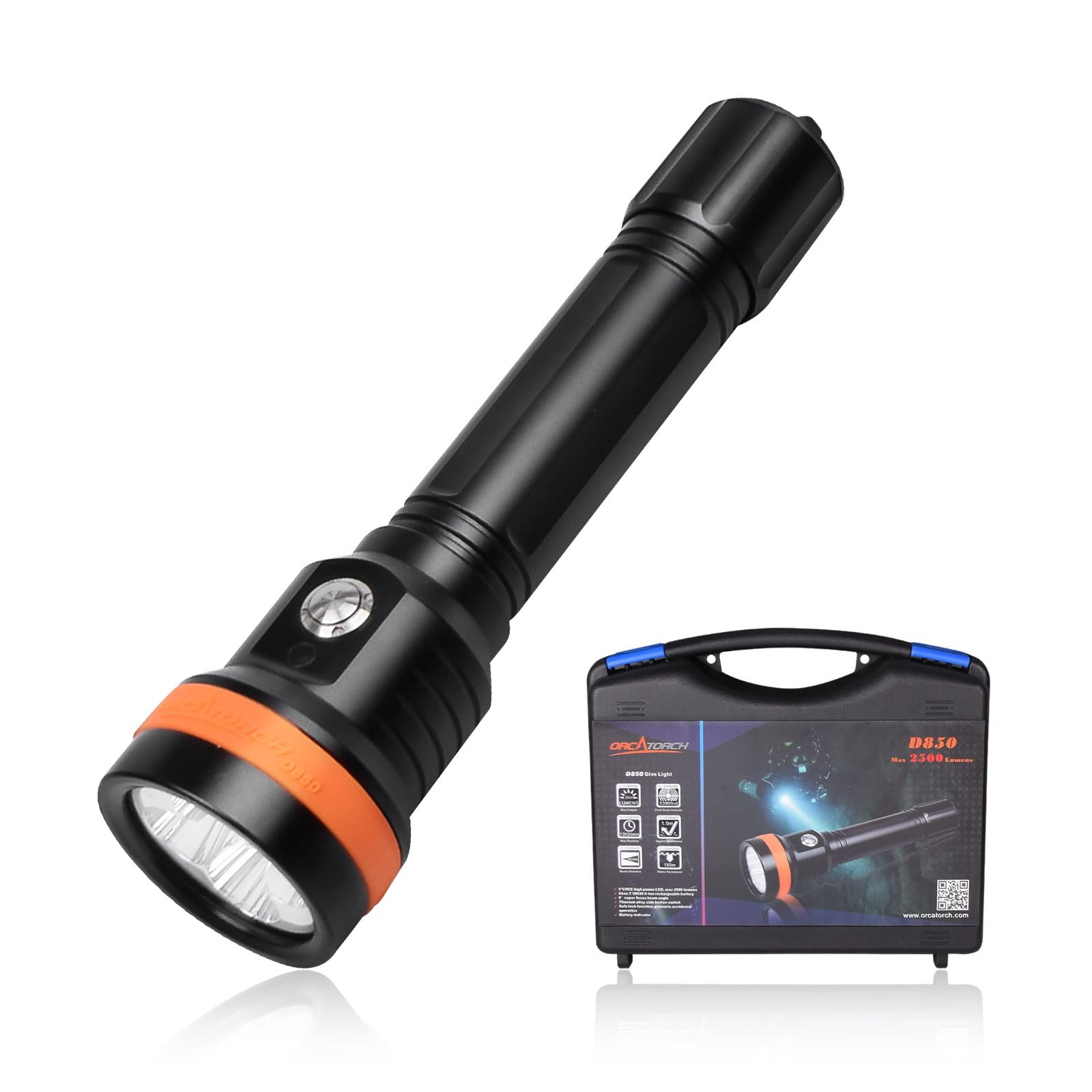 ORCATORCH D850 2500 Lumen Dive Light - 6° Narrow Beam Underwater Flashlight with 5 Super Bright LEDs & Battery Indicator - Perfect for Scuba Diving, Cave Exploration, Night Snorkeling and Underwater Photography