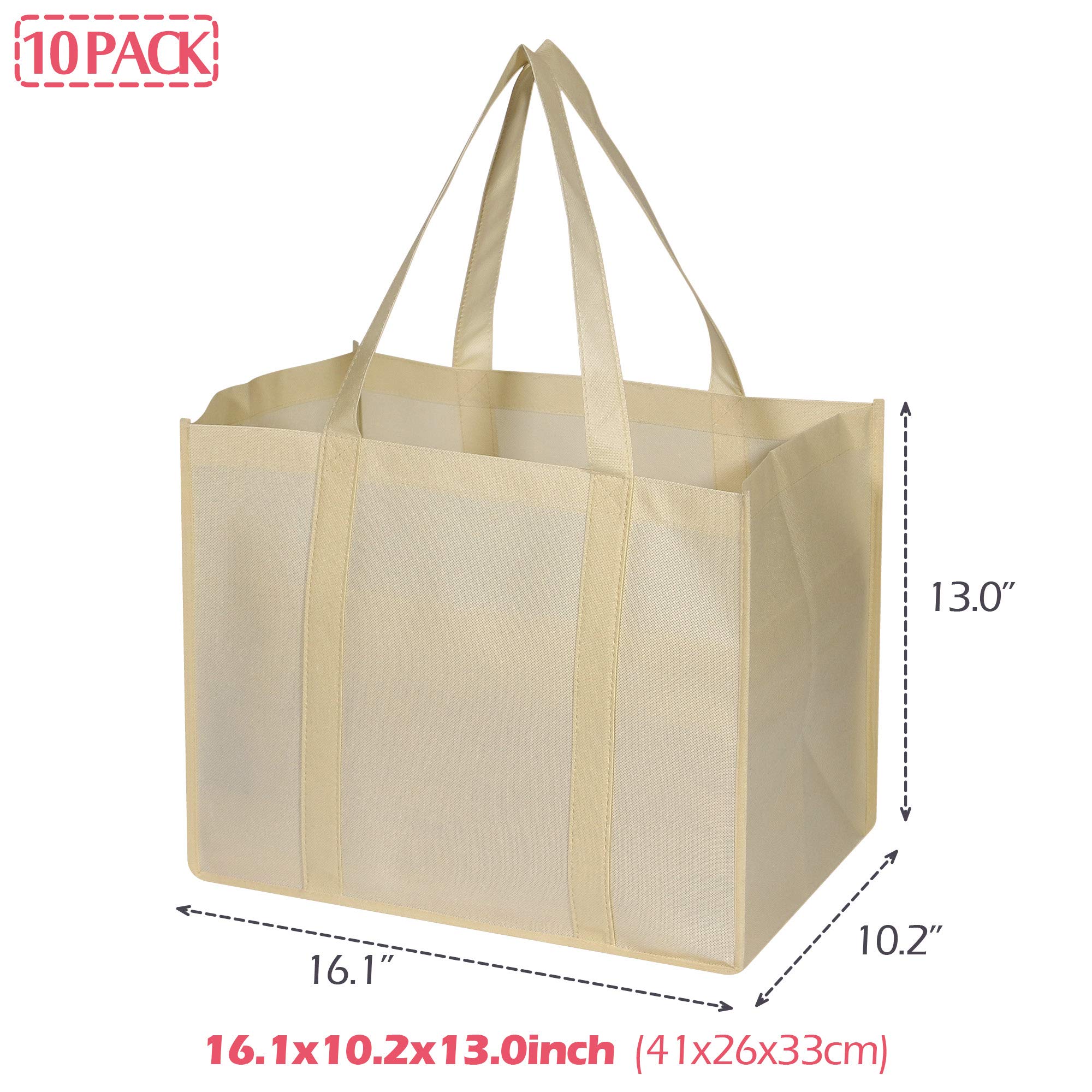 DIOMMELL 10 Pack Extra Large Heavy Duty Reusable Grocery Bags - Super Strong Shopping Tote with Reinforced Handles, Beige - Perfect for Groceries, Farmers Market & Bulk Shopping