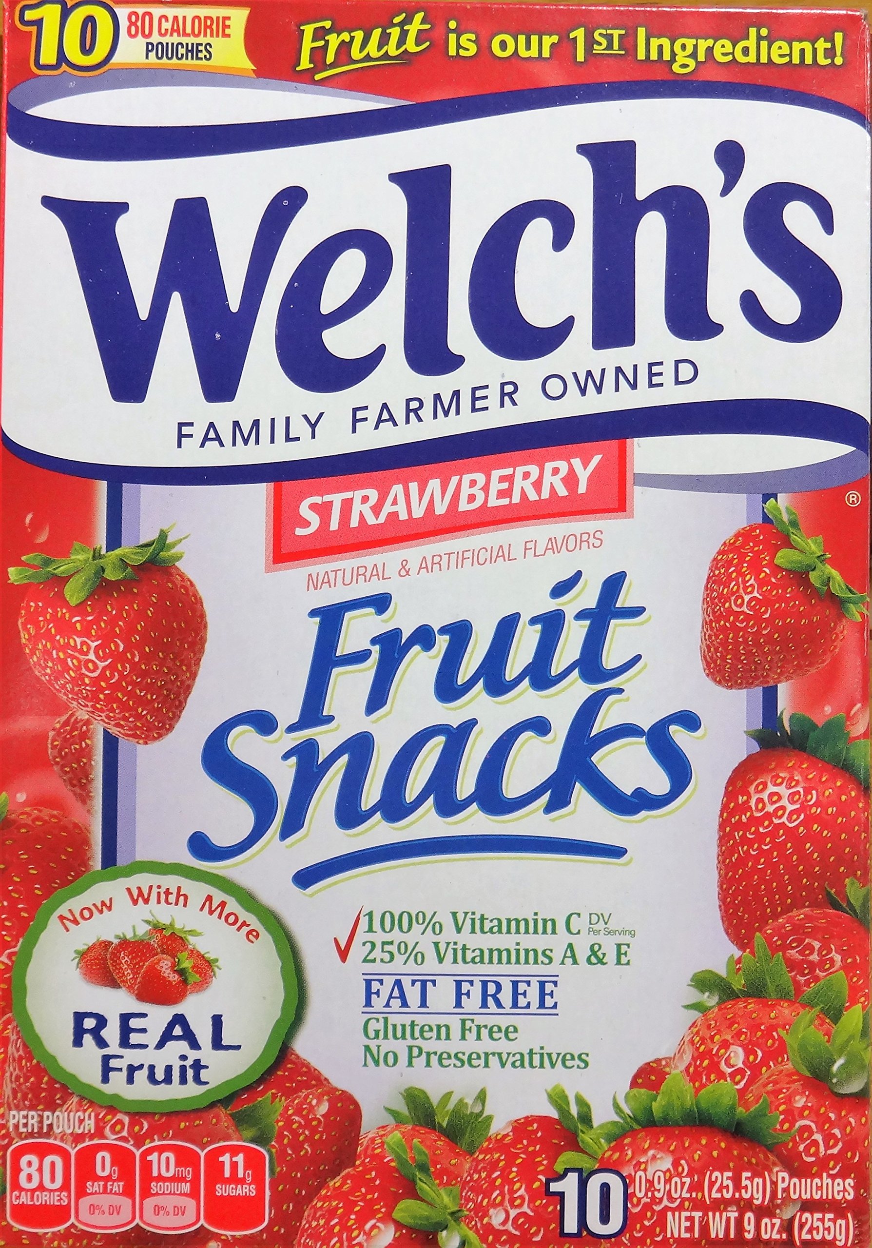 Welch's Strawberry Flavor Fruit Snacks - 10 Individually Wrapped Pouches (2 Packs) | Gluten Free, Fat Free & 100% Vitamin C | Perfect for School Lunches, Road Trips & Healthy Snacking