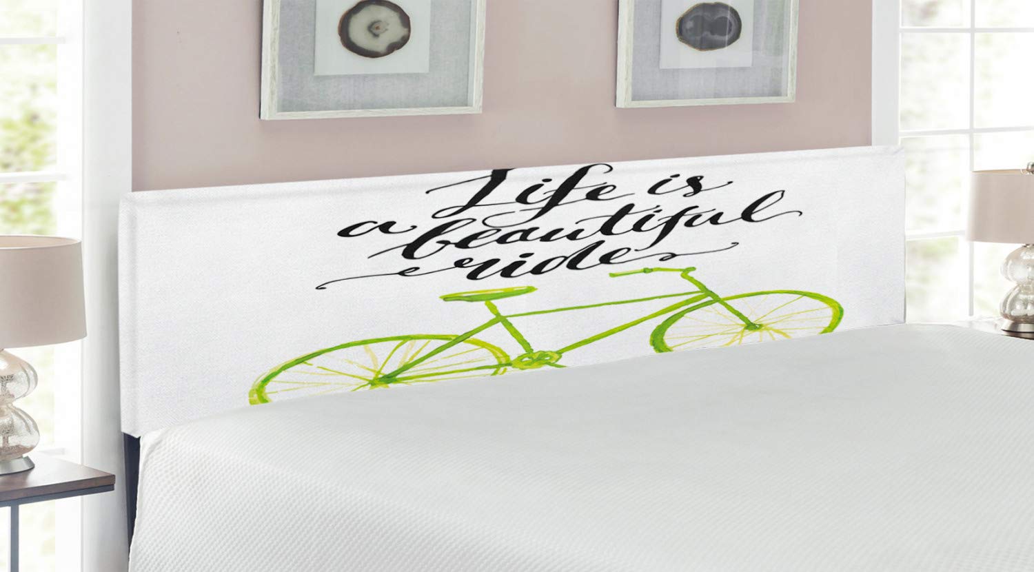 Ambesonne King Size Upholstered Bicycle Headboard - Pastel Green & Black Ride Graphic with Memory Foam | Unique Bedroom Decor for Cycling Enthusiasts | Perfect for Home, Dorm, or Apartment