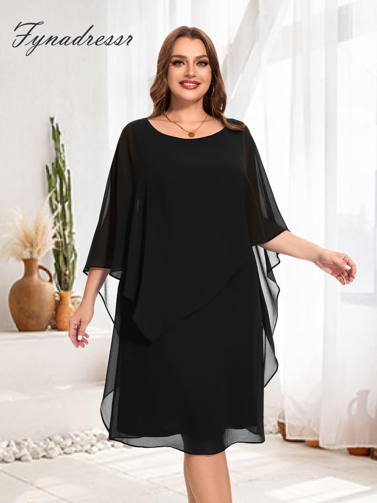 Plus Size Women's Chiffon Cape Dress - Sleeveless Elegant Cocktail & Wedding Guest Dress for Special Occasions | Perfect for Parties, Evening Events & Formal Gatherings