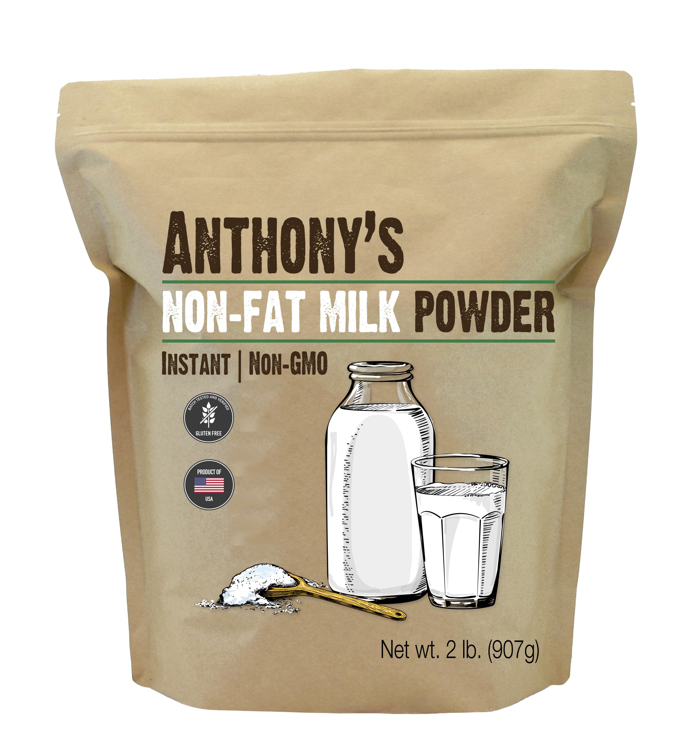 Anthony's Non Fat Milk Powder 2 lb - Instant, Gluten Free, Non GMO Dry Milk for Baking, Coffee & Smoothies - Perfect for Camping & Emergency Food Storage