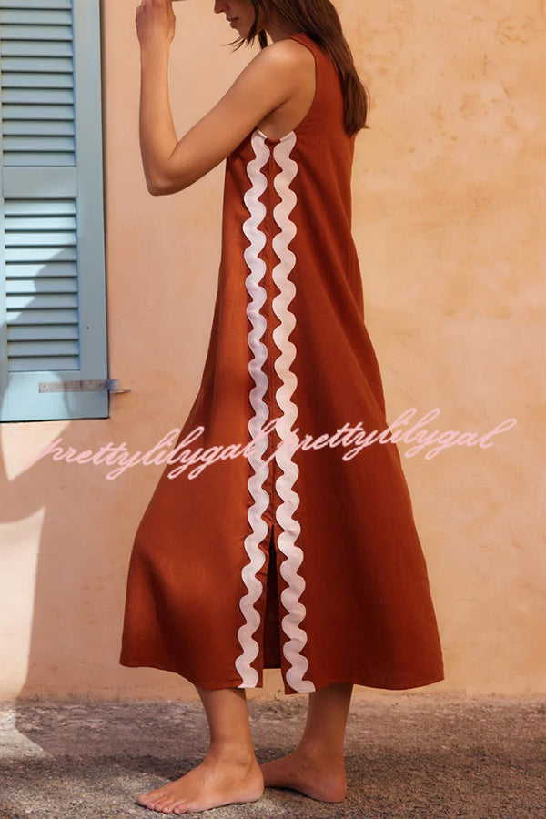 Elegant Boho Maxi Dress with Ric Rac Wave Trim - Flowy Loose Fit for Beach Vacations & Summer Getaways