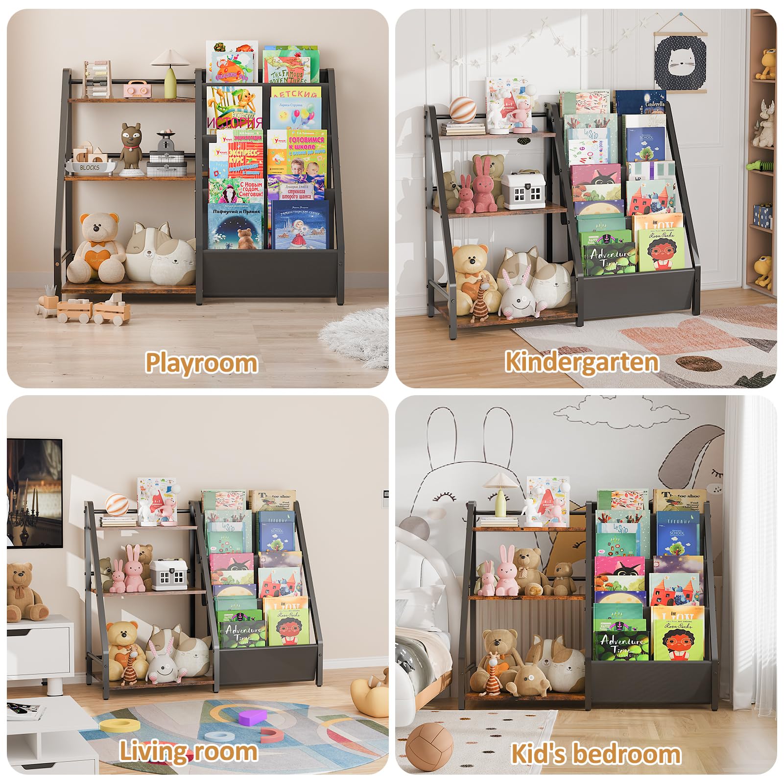 **Kids Bookshelf and Toy Organizer - 2-in-1 Nursery Book Shelf for Toddler & Montessori Playroom - Sturdy Black Bookcase for Kids' Bedroom, Play Area & Learning Space**