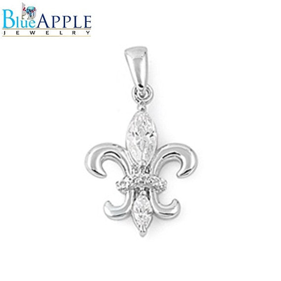 18mm Fleur De Lis Pendant Necklace - Marquise Cut Cubic Zirconia in 925 Sterling Silver for Women, Gift for Her, Birthday, Anniversary, Valentine's Day