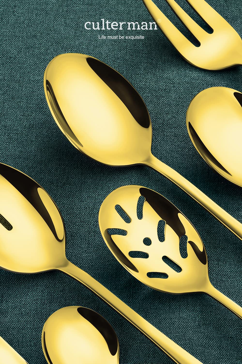 Premium 24K Gold-Plated Stainless Steel Flatware Set - 7-Piece Hostess Serving Utensils Including Salad Spoon, Fork & Knife - Elegant Dinnerware for Parties, Weddings & Formal Dining - Dishwasher Safe Luxury Cutlery