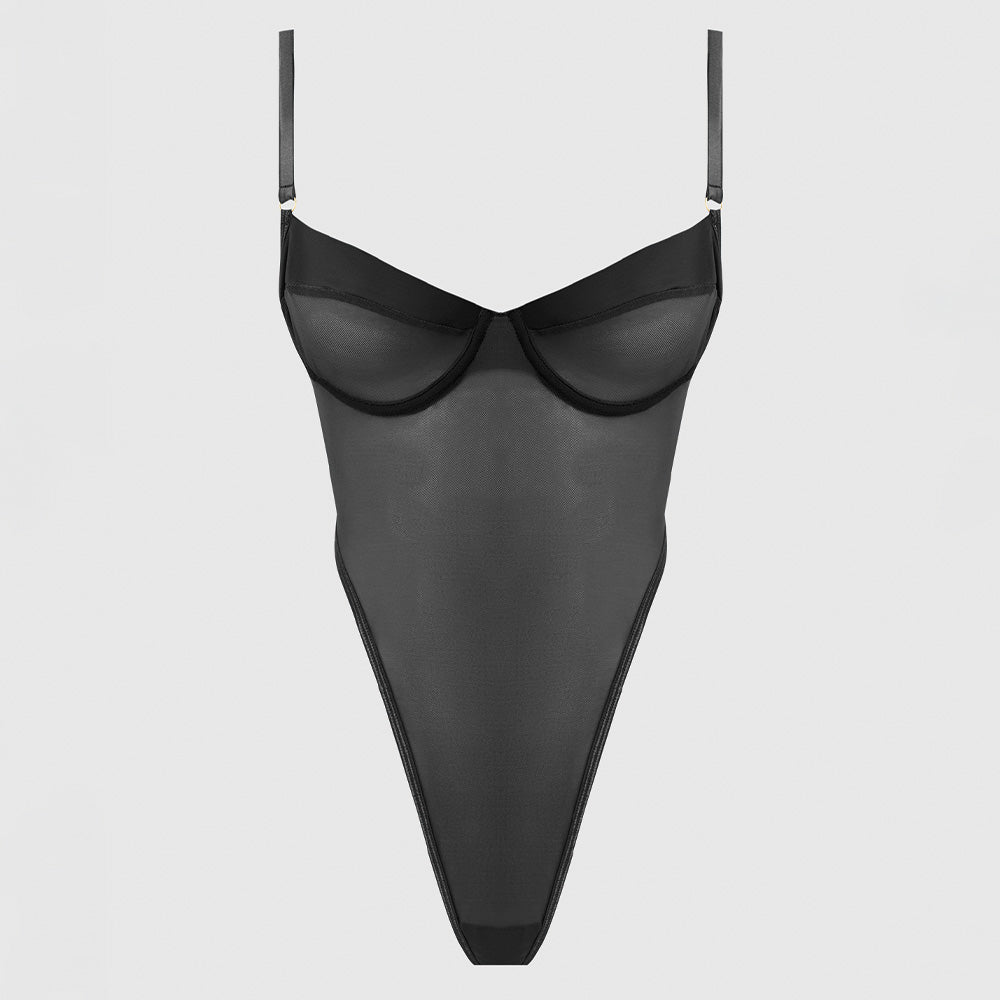 Raquel Sheer Mesh & Satin Strappy Back Teddy Lingerie - Sexy Lace Bodysuit for Women, Romantic Date Night & Boudoir Photography