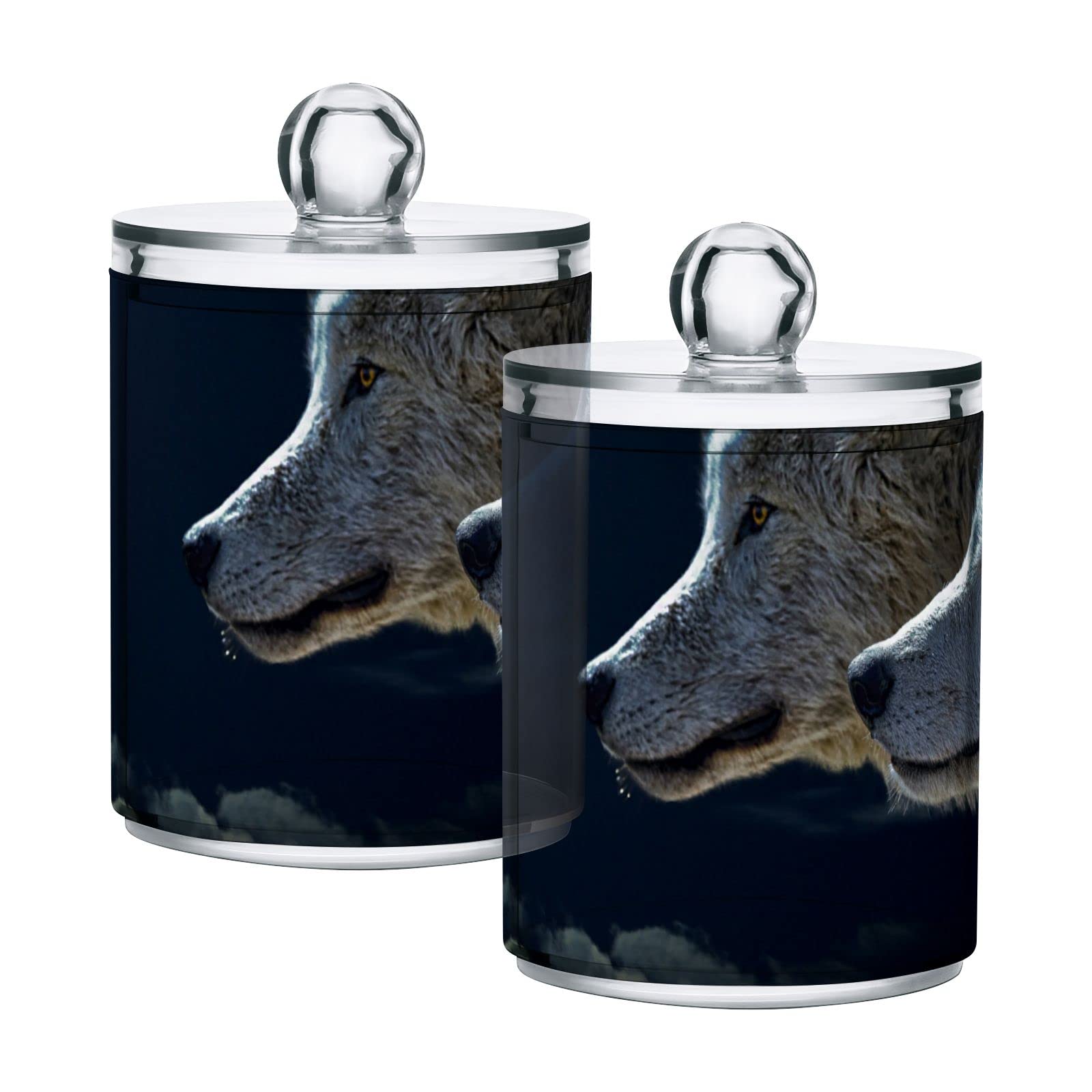 Two Wolf Moon Night Plastic Storage Jars with Lids (Set of 4) - 10oz Translucent Food Containers for Tea, Cookies, Cotton Swabs | Airtight Canning Jars for Kitchen Pantry Organization & Home Decor