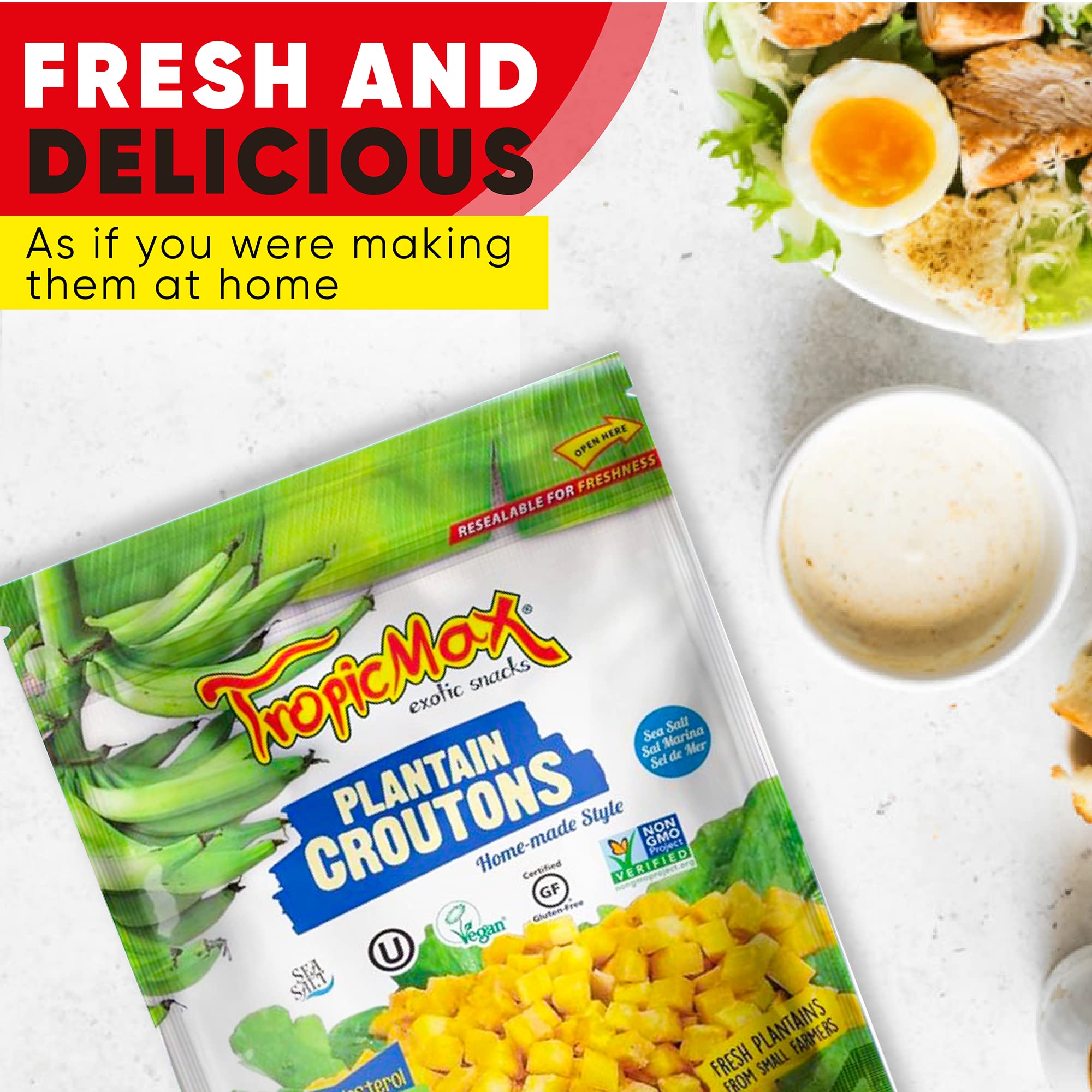 TropicMax Organic Sea Salt Plantain Croutons Chips - Gluten-Free, Vegan, Non-GMO, Kosher Certified Healthy Snacks - Kettle Cooked Green Plantain Chips in Individual Bags (3 Packs) - Perfect for Lunchboxes, Office Snacks, and Keto Diet