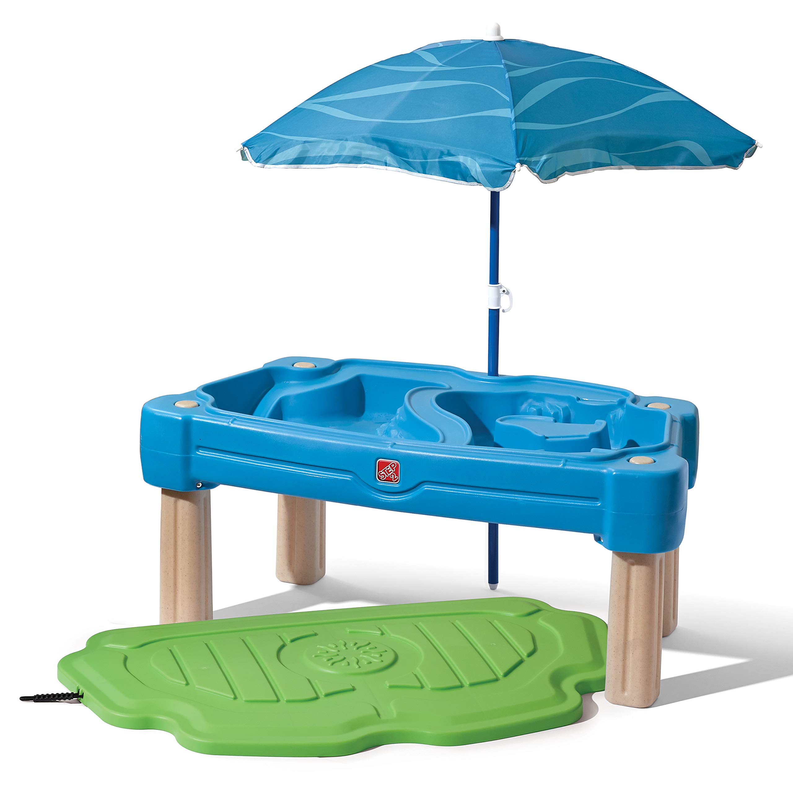 Step2 Cascading Cove Sand & Water Play Table with Umbrella - Outdoor Kids Activity Center with 6-Piece Accessory Set for Backyard, Beach & Poolside Fun (Blue)