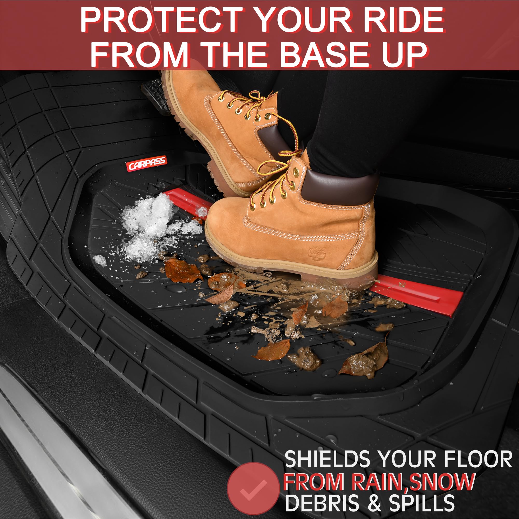 Heavy Duty All Weather Rubber Floor Mats for Cars & SUVs - CAR PASS Tire Tread DeepDish Design, Universal Fit (Trim to Size), Waterproof 3-Piece Set (Red/Black) - Perfect for Trucks, SUVs & Off-Road Vehicles in Rain, Snow & Mud Conditions