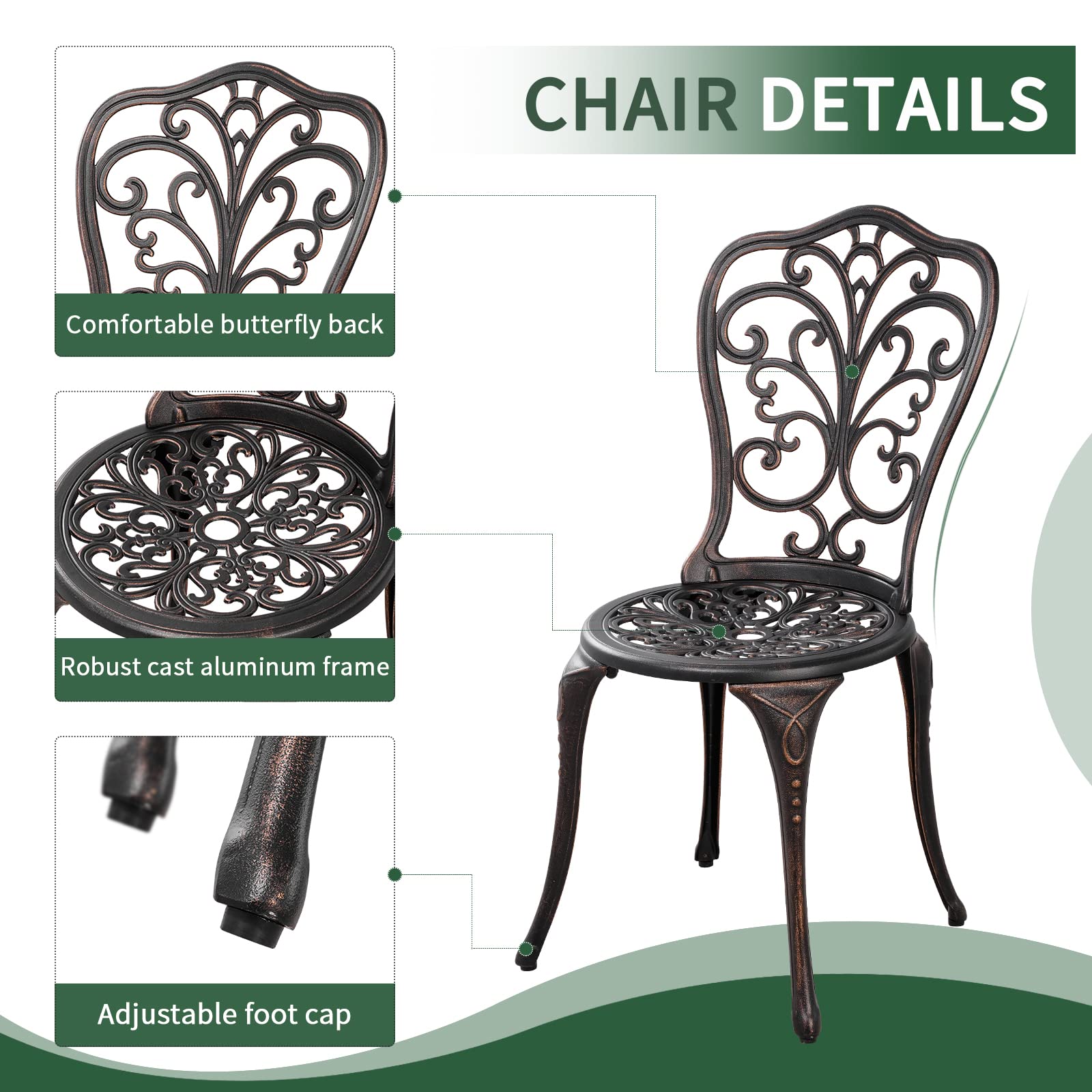 Outdoor Bistro Set 3-Piece Patio Furniture with Umbrella Hole - Weather-Resistant Bronze Bistro Table and 2 Chairs for Garden, Porch, Deck & Backyard Dining