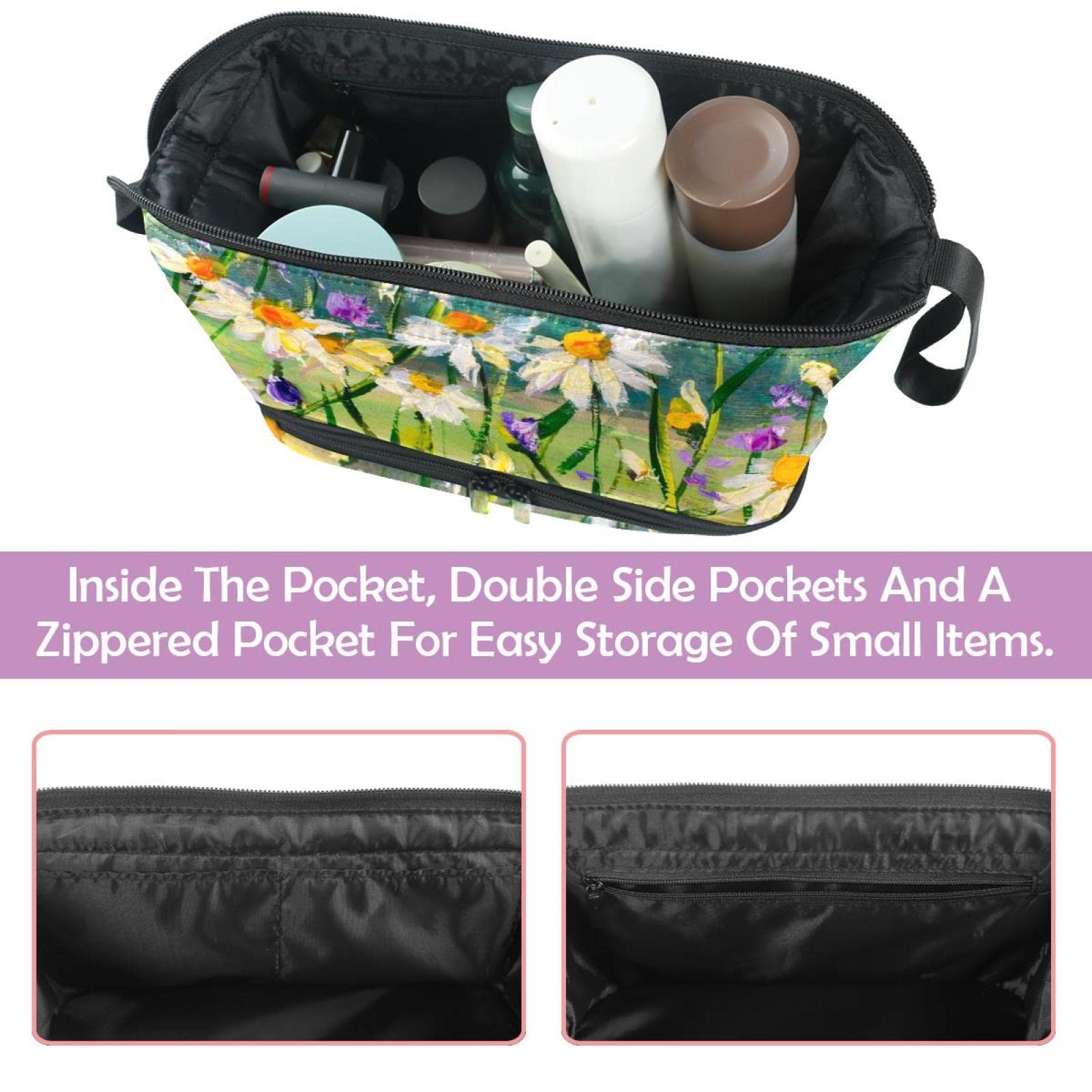 Large Makeup Bag for Women - Travel Cosmetic Organizer with White Daisies Floral Design, Waterproof Toiletry Bag for Vacation, Gym, Work & Daily Essentials Storage