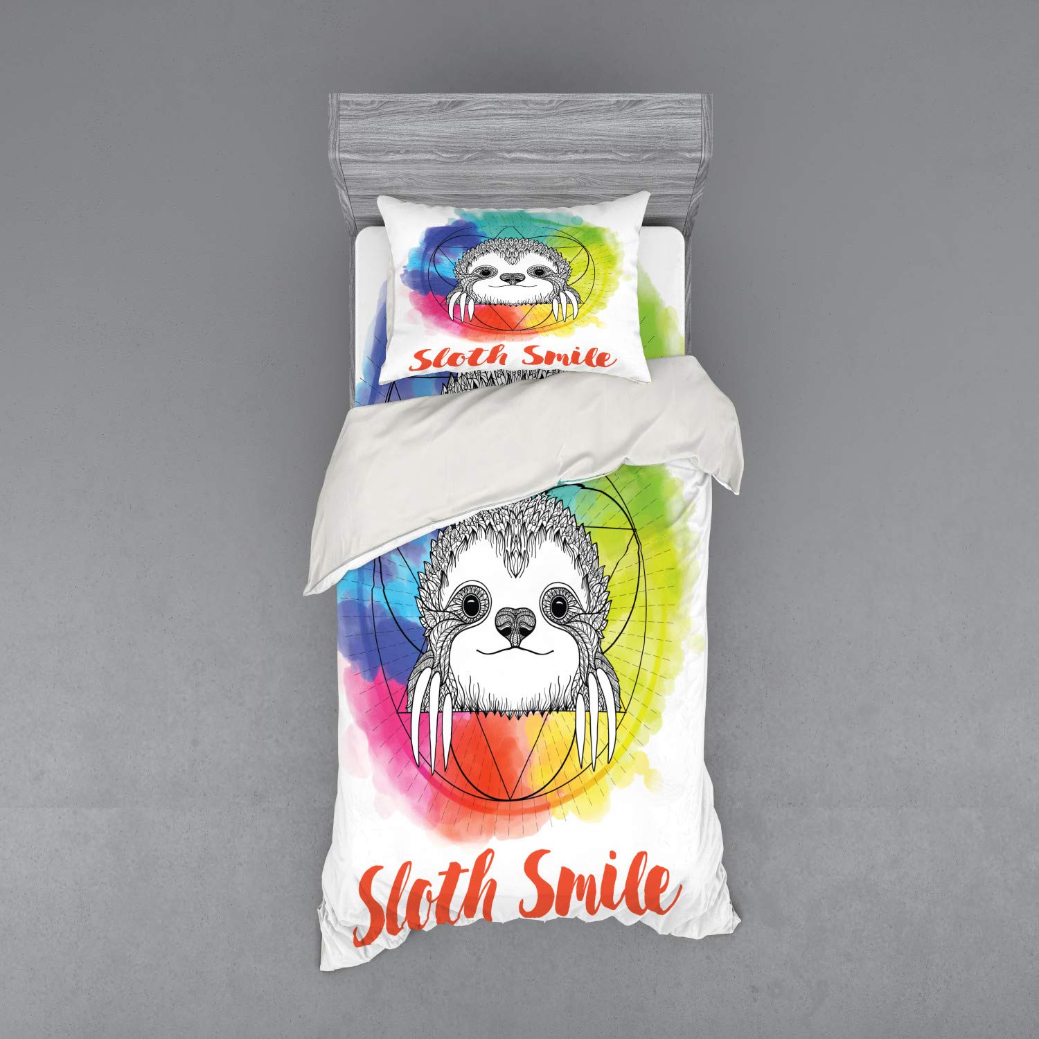 Ambesonne Humor Duvet Cover Set - Rainbow Color Cartoon Sloth Design, 3-Piece Twin Size Bedding with Pillow Sham & Fitted Sheet | Perfect for Kids' Rooms, Teen Bedrooms & Whimsical Home Decor