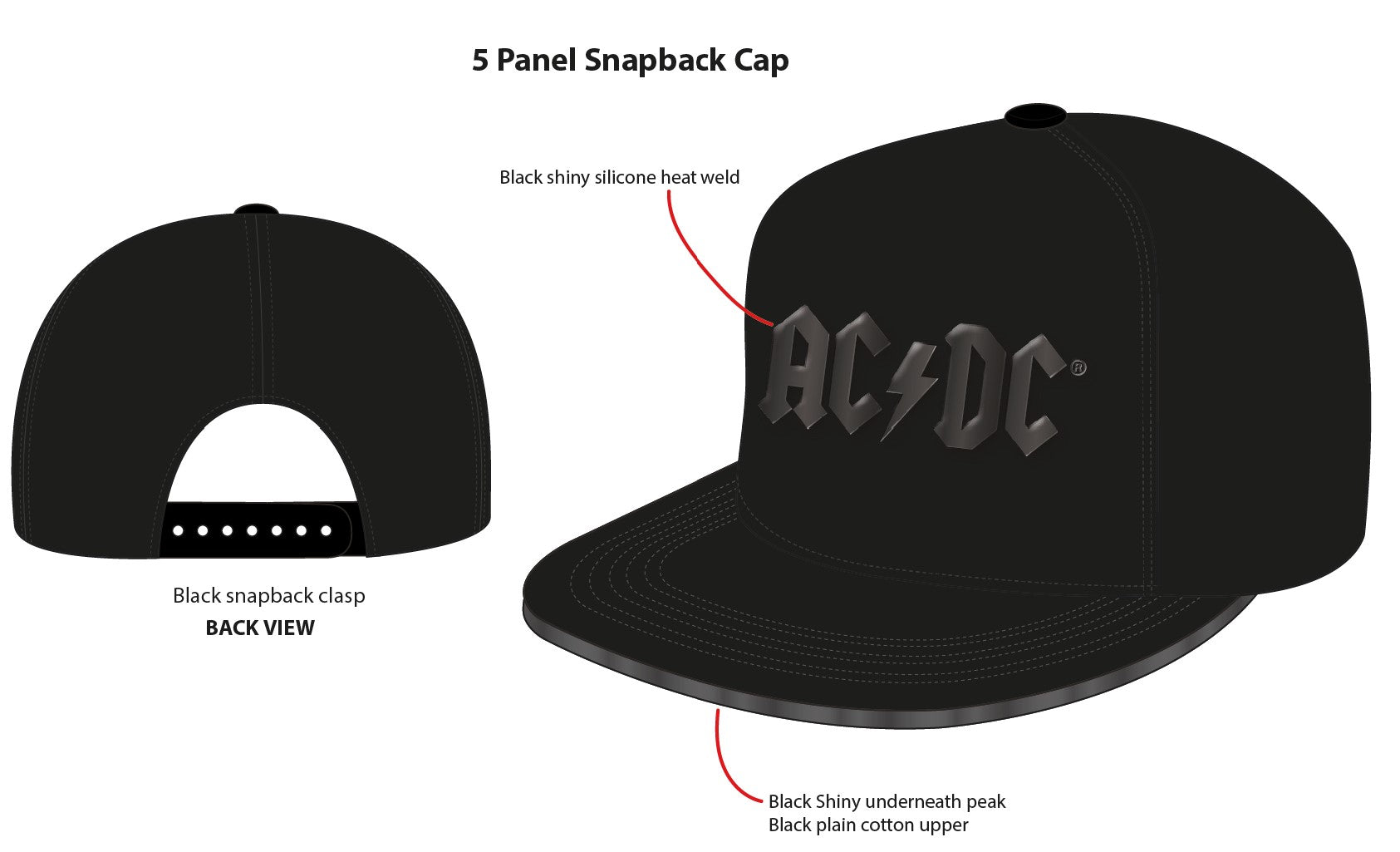 AC/DC Official Logo Snapback Hat - Shiny Black Adjustable Baseball Cap for Men & Women - Perfect for Concerts, Sports & Casual Wear