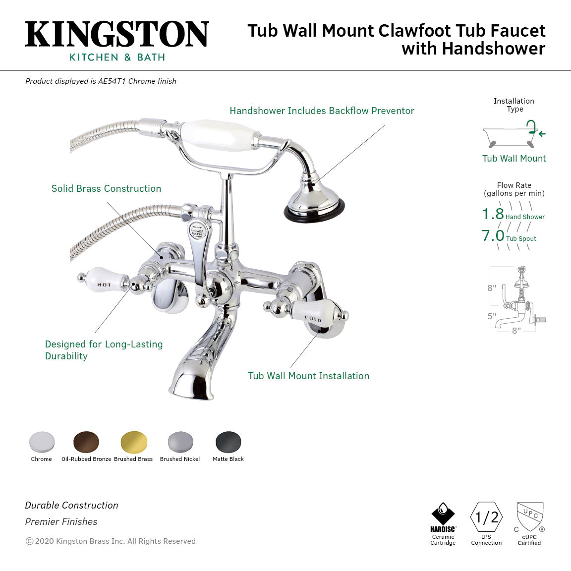 Vintage AE53T5 3-Handle 2-Hole Wall Mount Clawfoot Tub Faucet with Hand Shower in Oil Rubbed Bronze - Perfect for Classic Bathroom Renovations & Luxury Spa Retreats