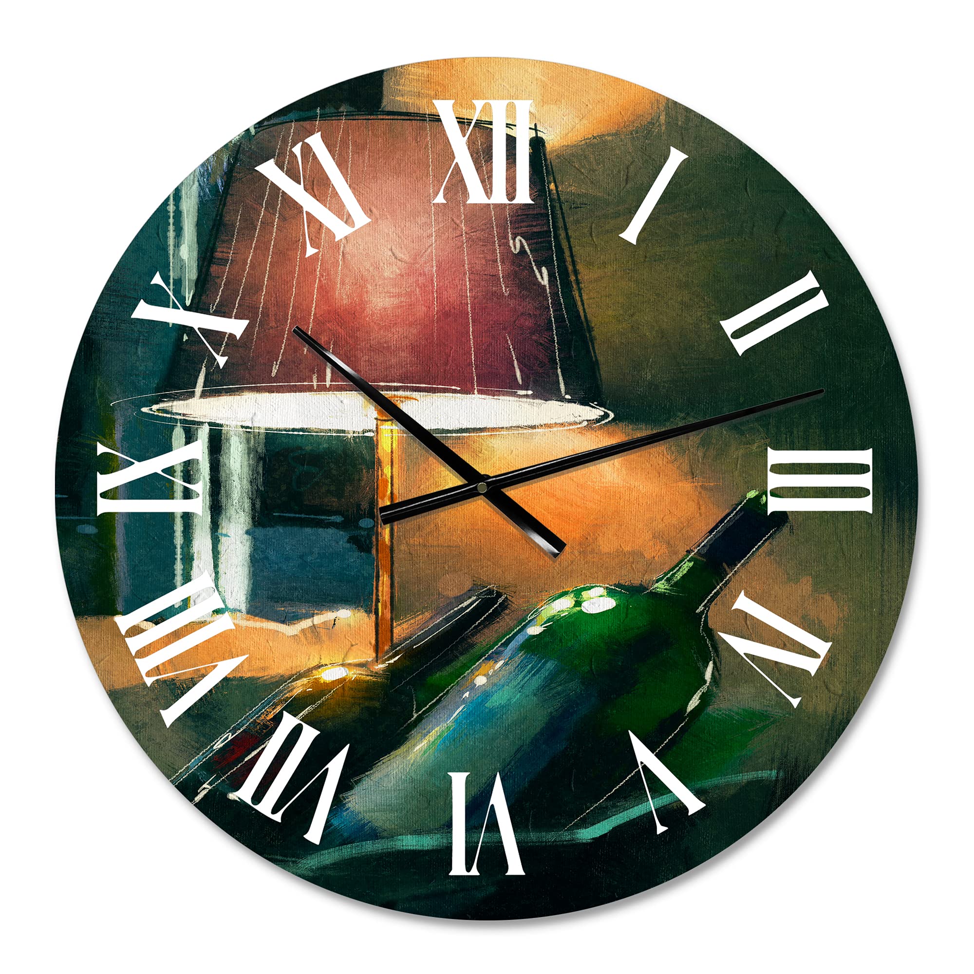 DesignQ Modern Wall Clock - Wine Bottles & Lamp Glowing Orange Night Scene - Large Decorative Wall Clock for Living Room, Kitchen, Bar - Perfect for Home, Office & Restaurant Decor