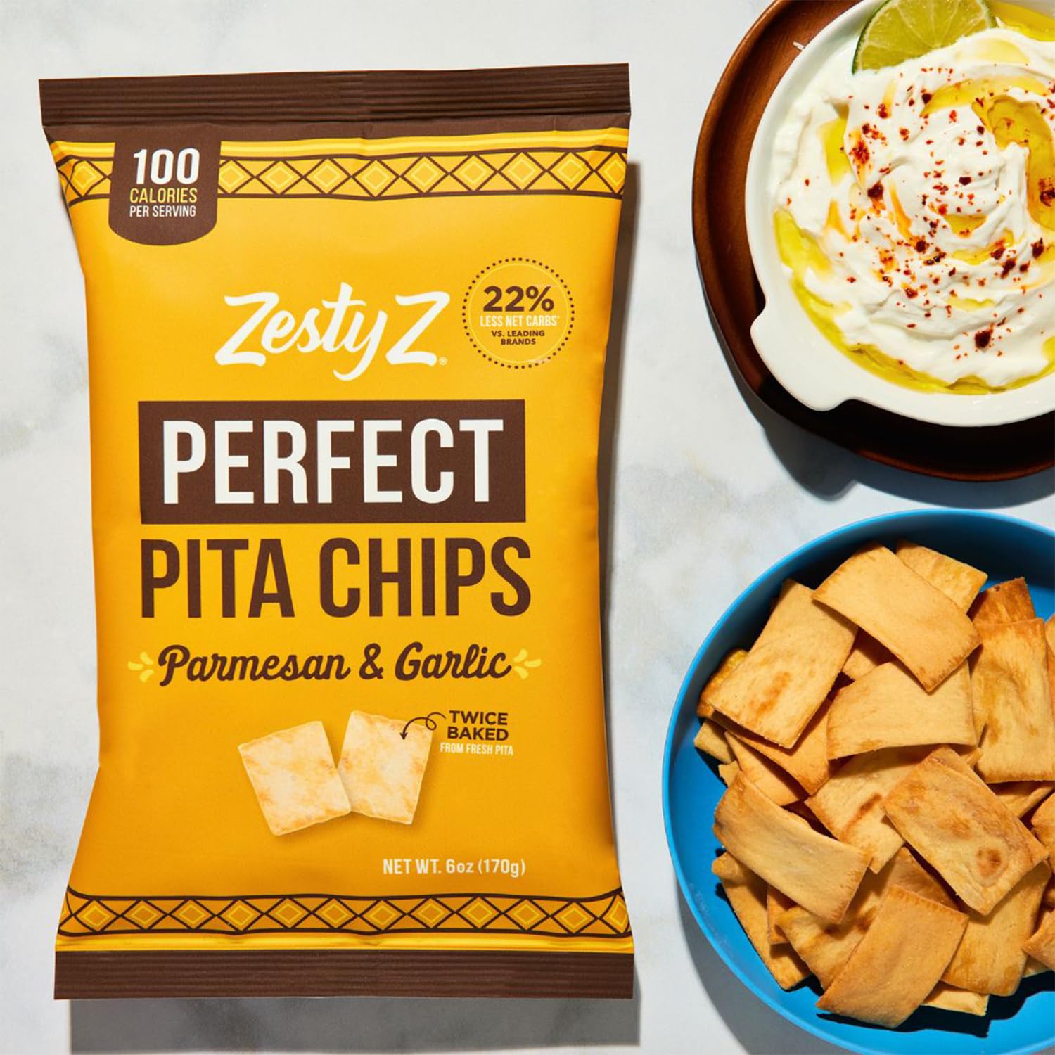 Zesty Z High Fiber Pita Chips Variety Pack - Low Carb Healthy Snacks (100 Calories per Serving) - Sea Salt & Parmesan Garlic Flavors - Perfect for Hummus, Guacamole & Dips - 6oz (Pack of 4) - Ideal for Keto Diet, Weight Loss & Office Snacking