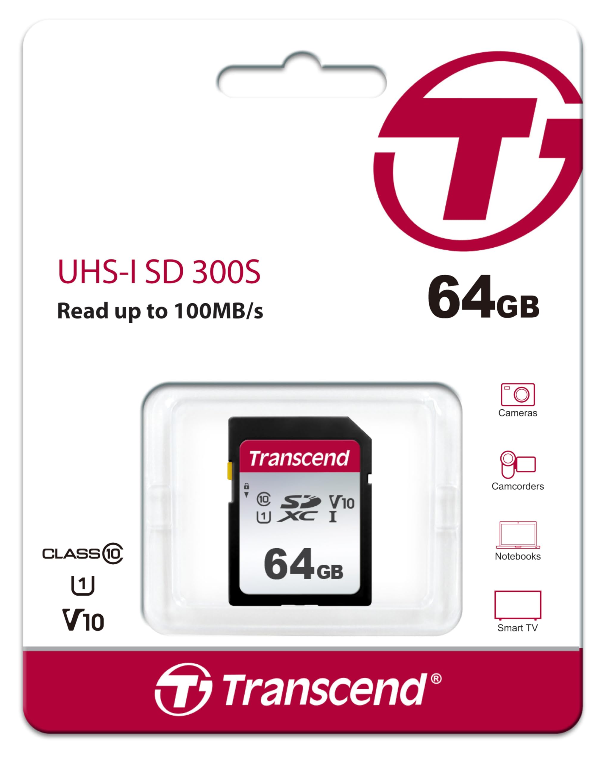 Transcend 64GB SDXC 300S UHS-I Memory Card - Class 10, U1, V30, 4K UHD & Full HD Support, 100MB/s Read & 40MB/s Write Speed - Perfect for DSLR Cameras, Drones, Action Cameras & 4K Video Recording