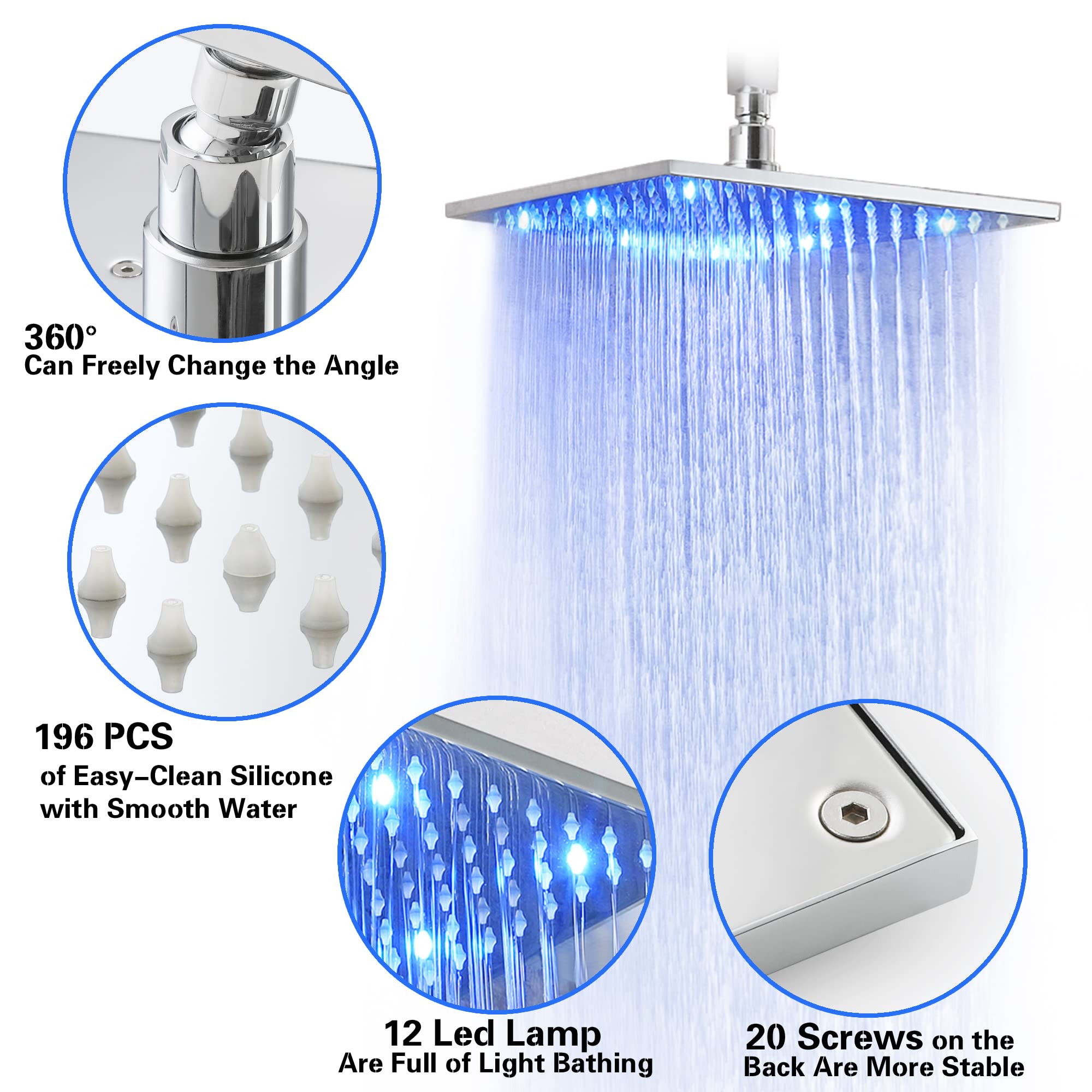 Skowll Chrome Shower Faucet Set - 12 Inch Rainfall LED Shower Head with 2 Function Valve Kit for Modern Bathroom | Perfect for Spa-Like Experience & Water Saving
