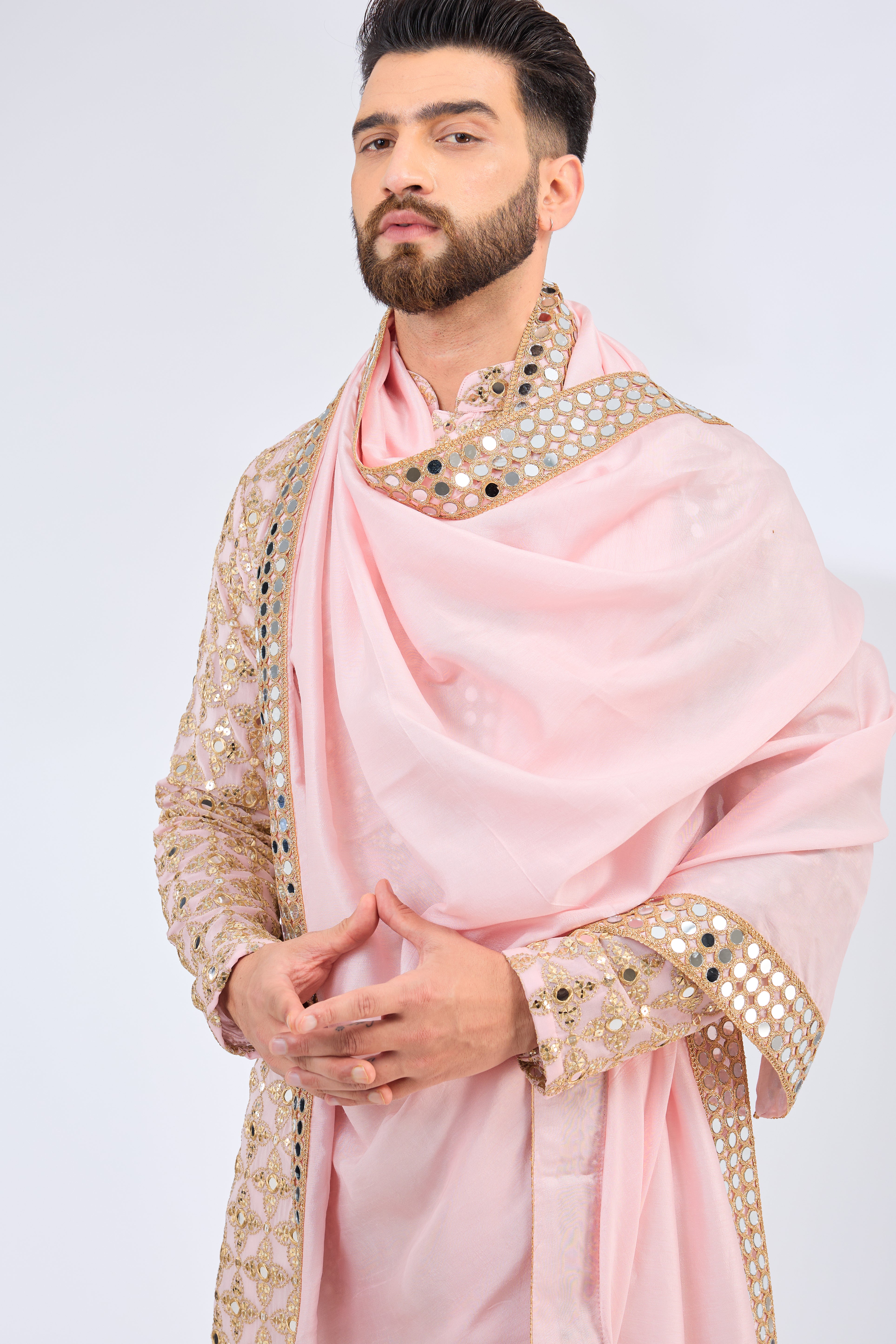 Elegant Pink Mirror Work Kurta with Zari Embroidery & Matching Mirror Work Stole - Perfect for Festivals, Weddings & Ethnic Parties