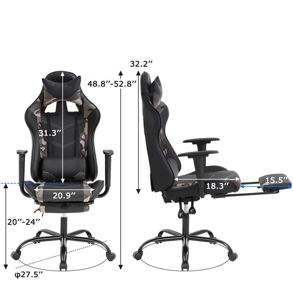 Ergonomic Gaming Chair with Lumbar Support & Headrest - PU Leather Racing Office Desk Chair for Adults - Adjustable Swivel Computer Chair with Footrest & Massage Function - Perfect for Home Office, Gaming Setup & Workstation (Camo Design)