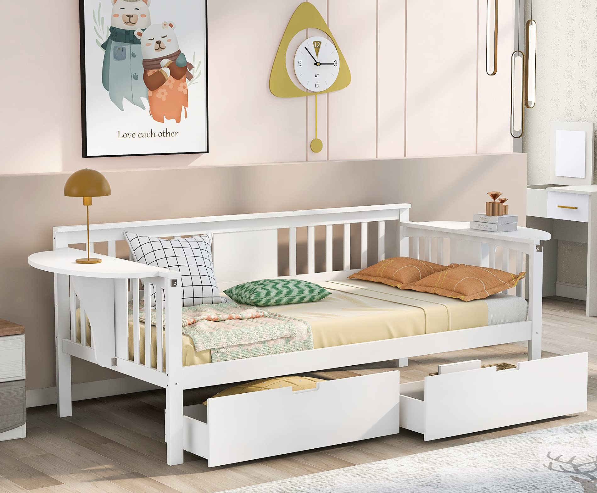 Twin Size Daybed with Drawers - Convertible Sofa Bed for Living Room & Guest Room - White Daybed Frame with Foldable Side Table - Perfect for Small Spaces, Apartments & Dorm Rooms