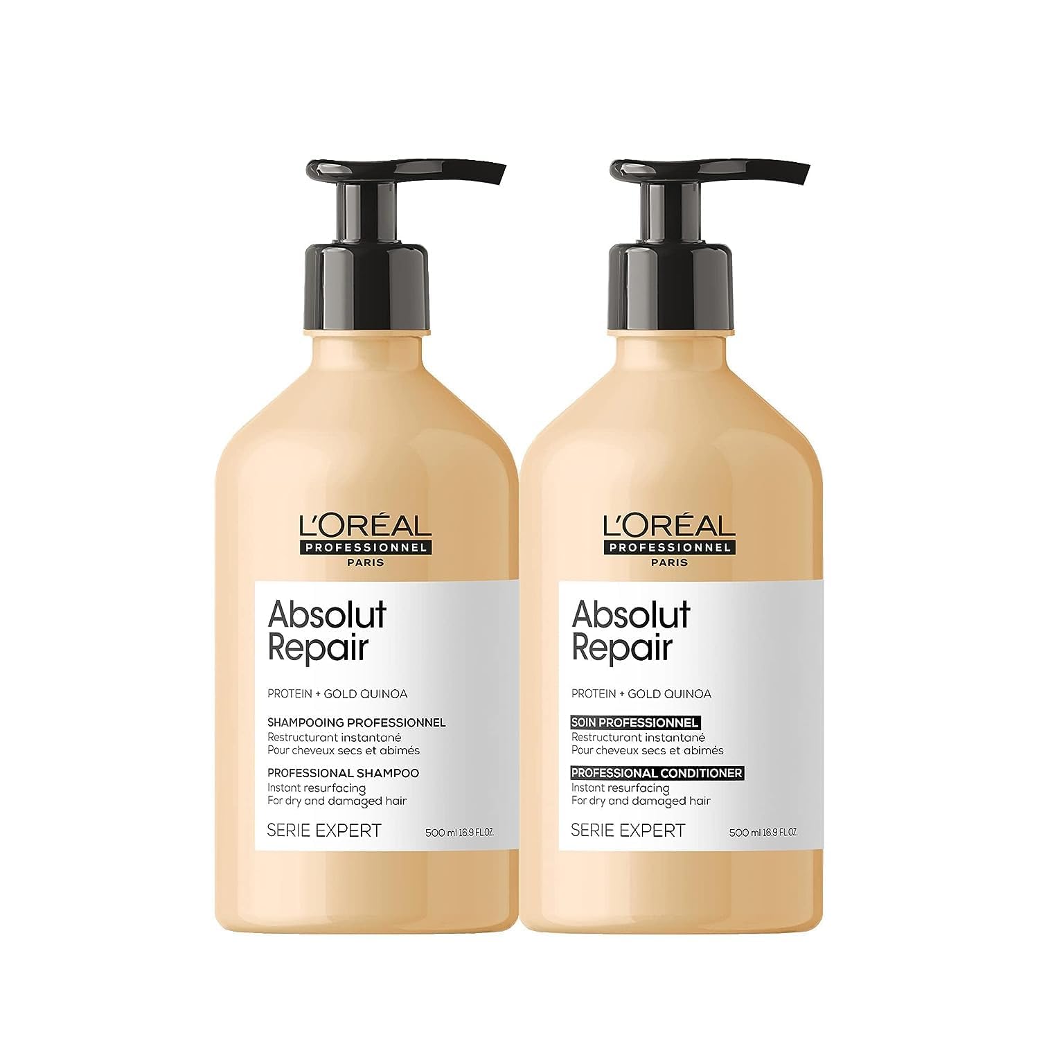 L'Oreal Professionnel Absolut Repair Shampoo & Conditioner Set - Repairing Shampoo for Dry Damaged Hair with Quinoa & Protein, Deep Conditioning Treatment for Shiny Healthy Hair - Perfect for Salon Quality Hair Care at Home