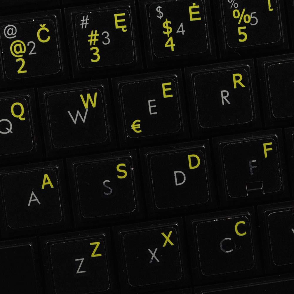 Lithuanian Keyboard Stickers with Yellow Letters on Transparent Background - 14x14 Size for Easy Typing | Perfect for Laptops, Desktops & Office Workstations