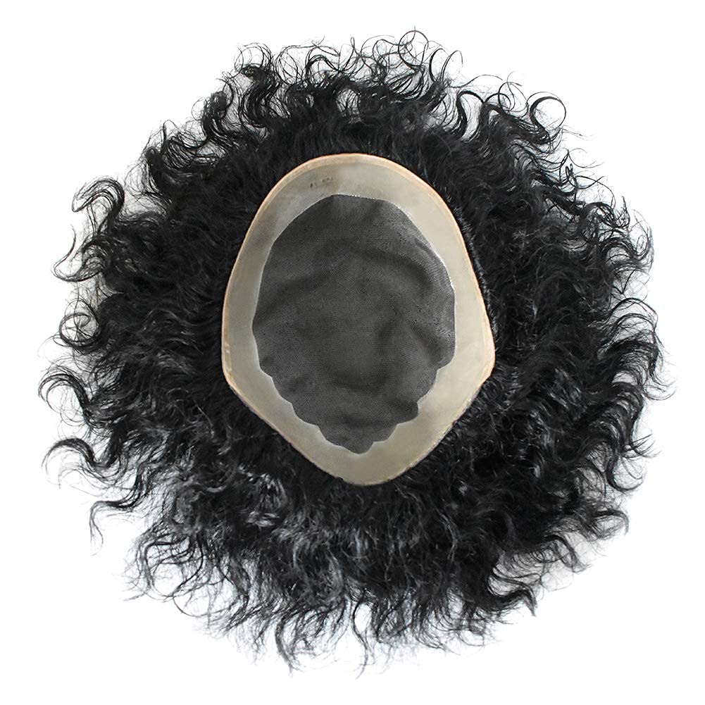 Men's Black Human Hair Toupee - Curly Wavy Monofilament Hairpiece with Poly Skin NPU Base | 20MM Wave 6